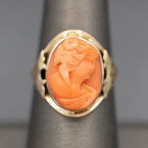 Antique Victorian Carved Coral Cameo Ring Bezel Set in 10k Yellow Gold