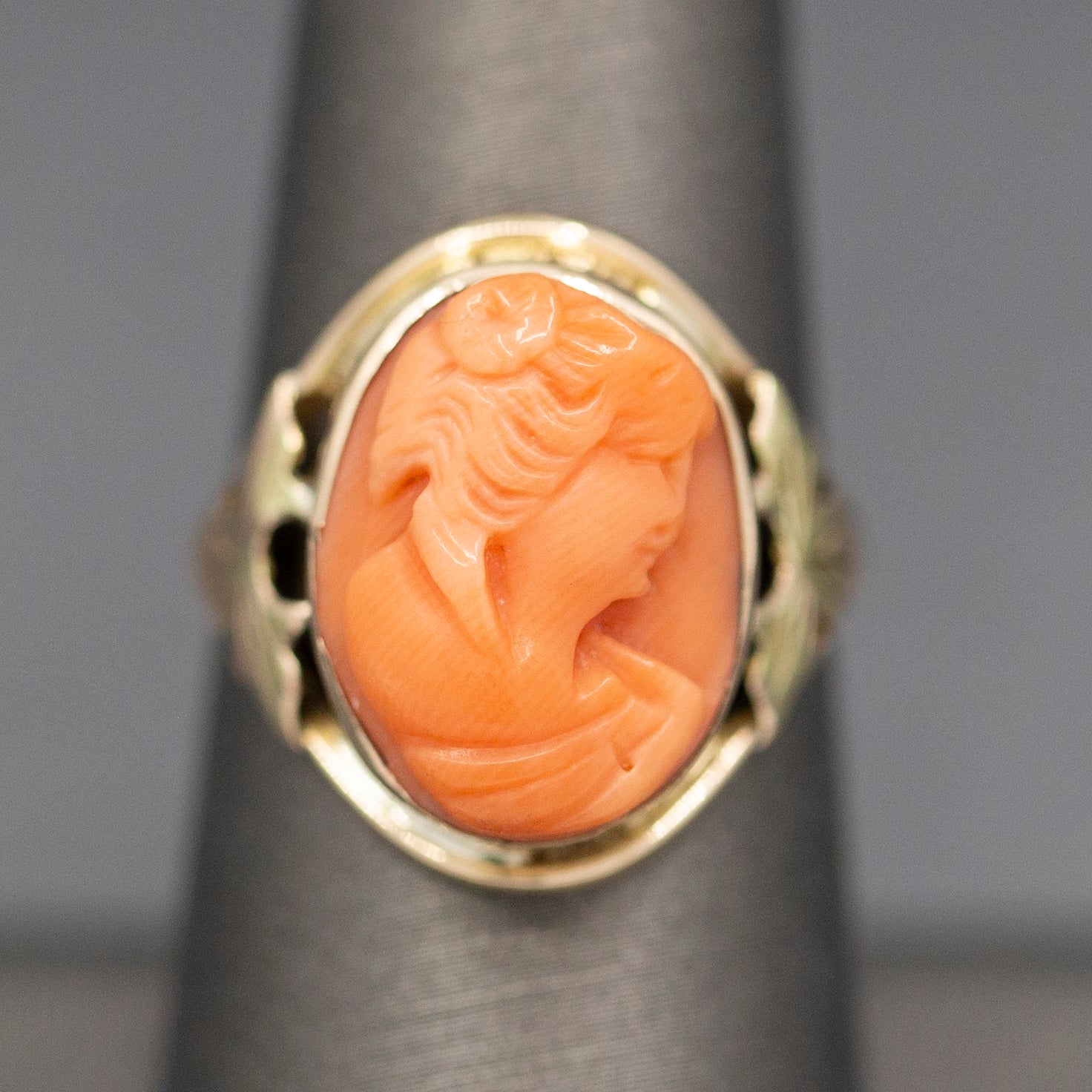 Antique Victorian Carved Coral Cameo Ring Bezel Set in 10k Yellow Gold