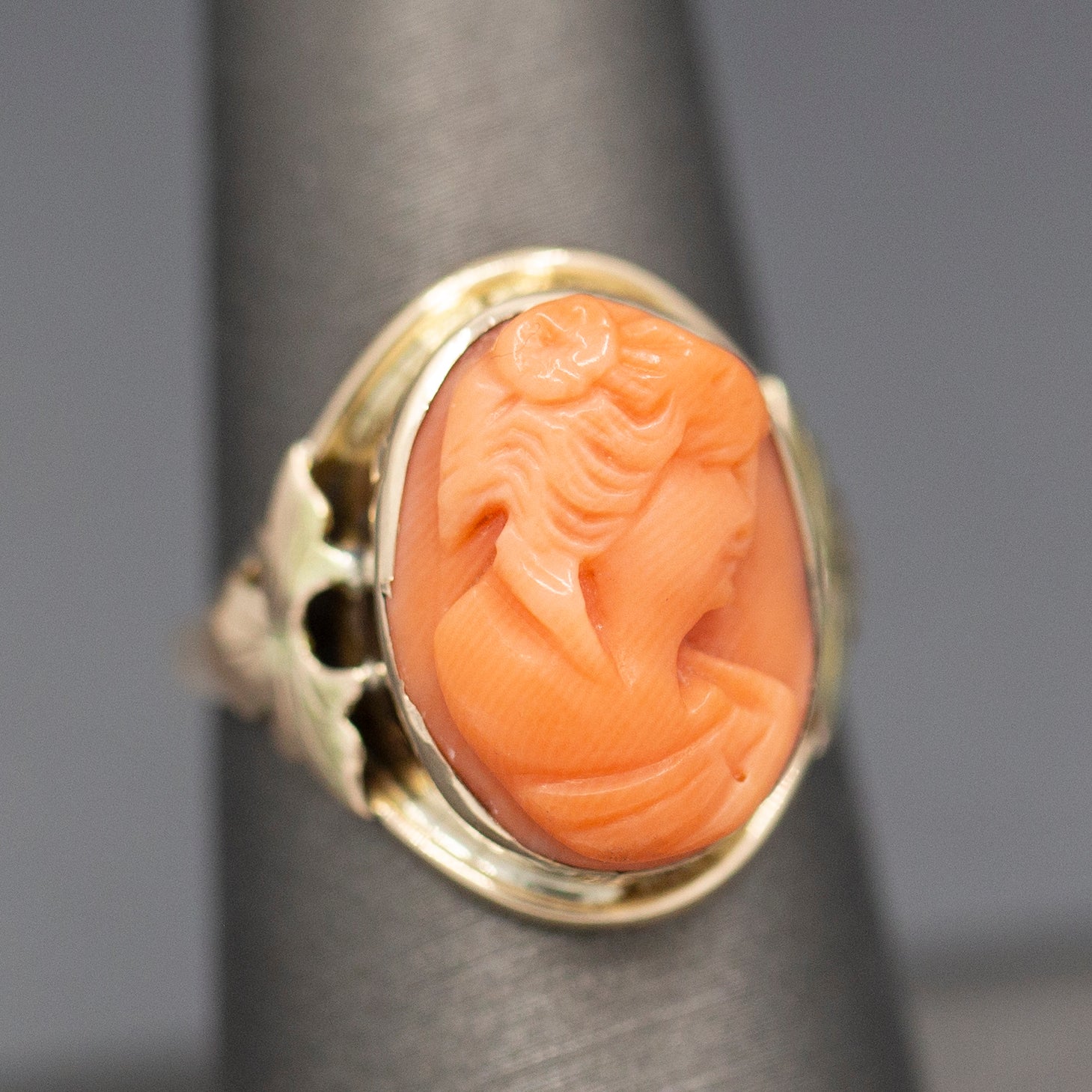 Antique Victorian Carved Coral Cameo Ring Bezel Set in 10k Yellow Gold