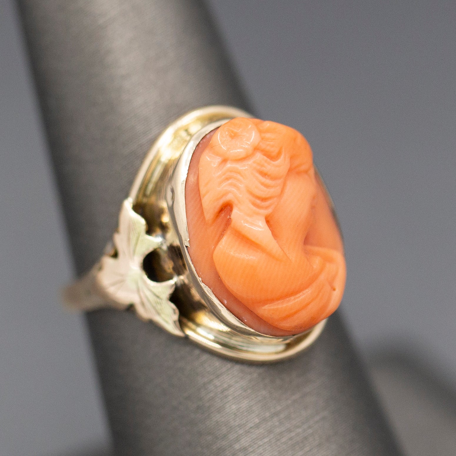 Antique Victorian Carved Coral Cameo Ring Bezel Set in 10k Yellow Gold