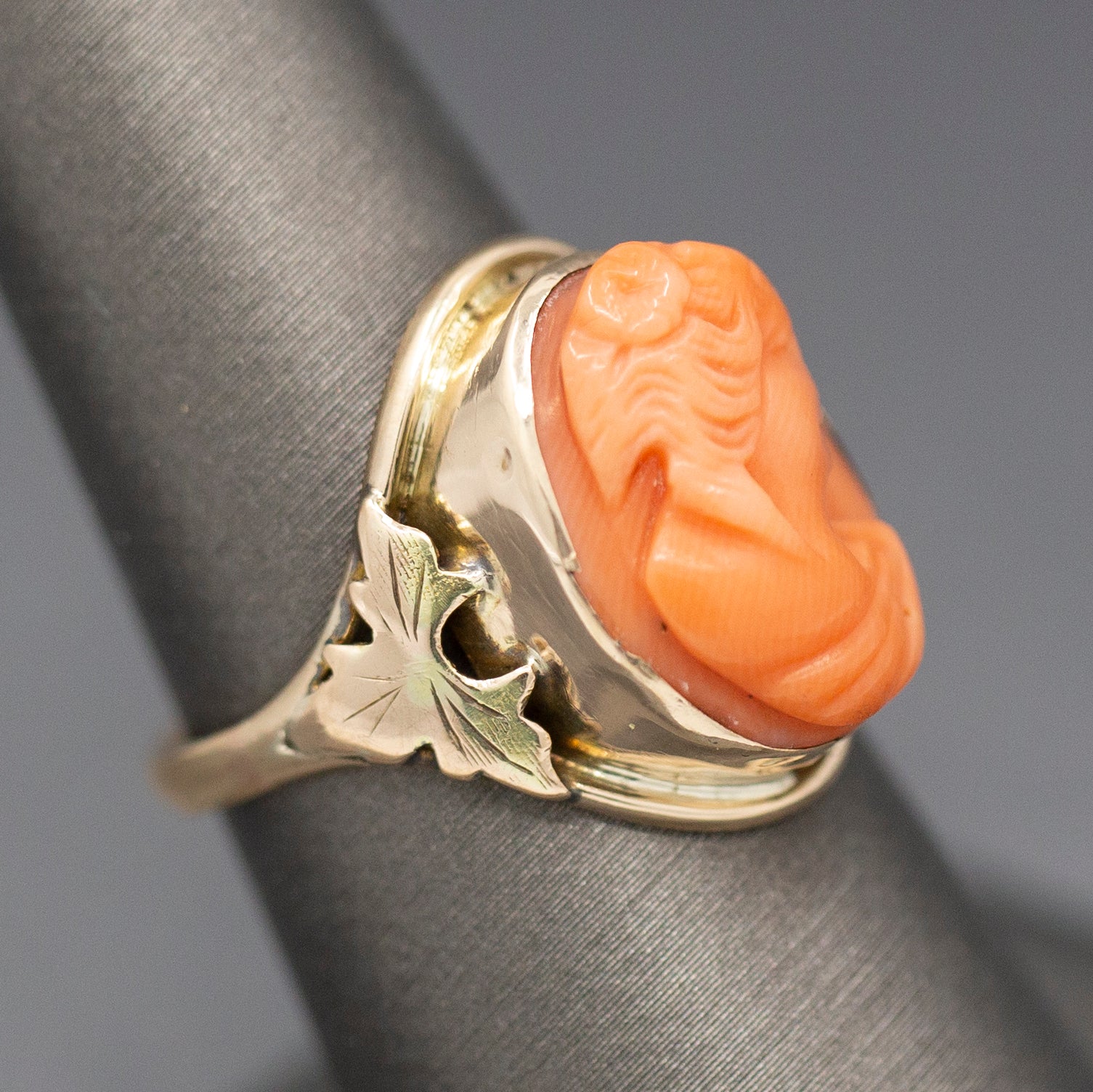 Antique Victorian Carved Coral Cameo Ring Bezel Set in 10k Yellow Gold