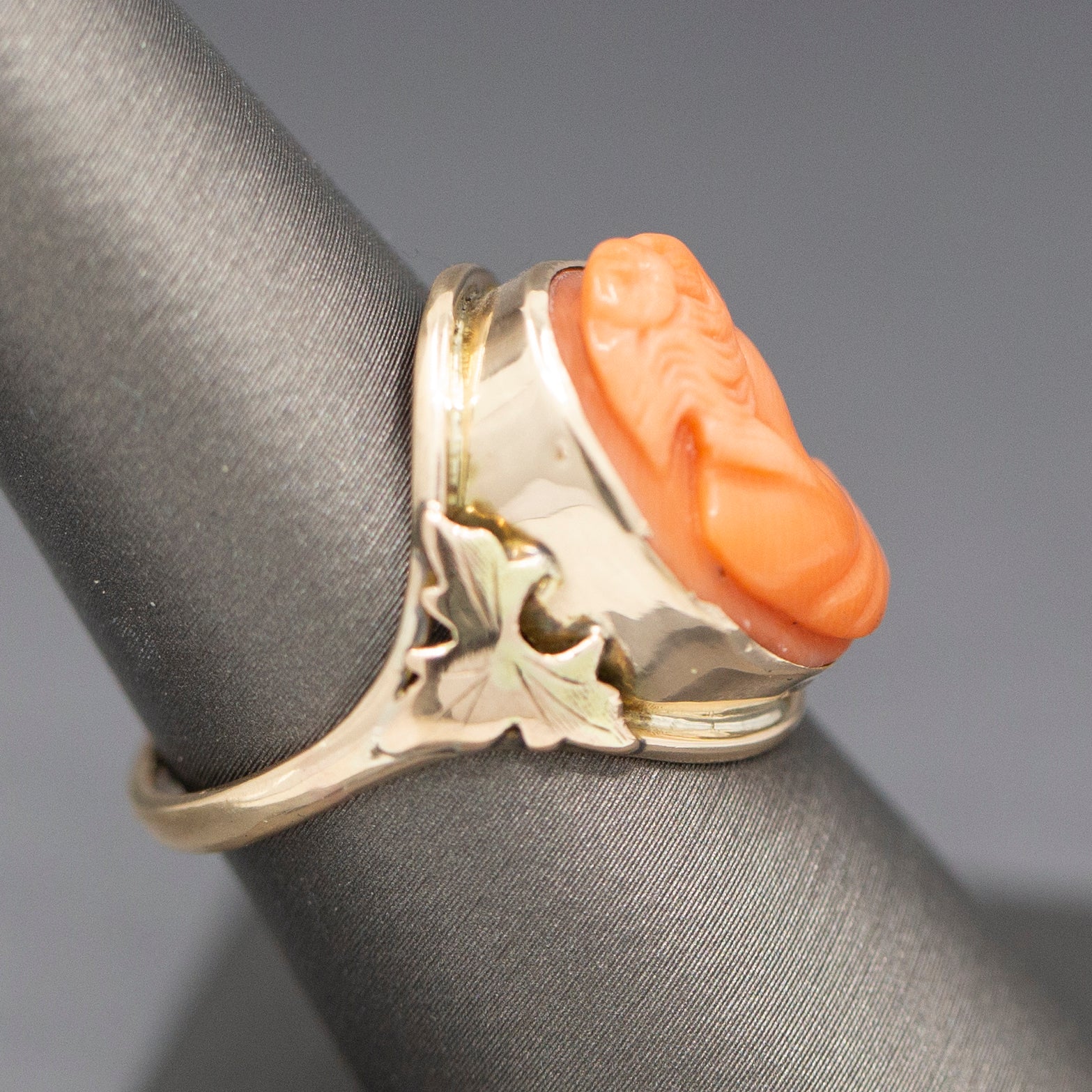 Antique Victorian Carved Coral Cameo Ring Bezel Set in 10k Yellow Gold