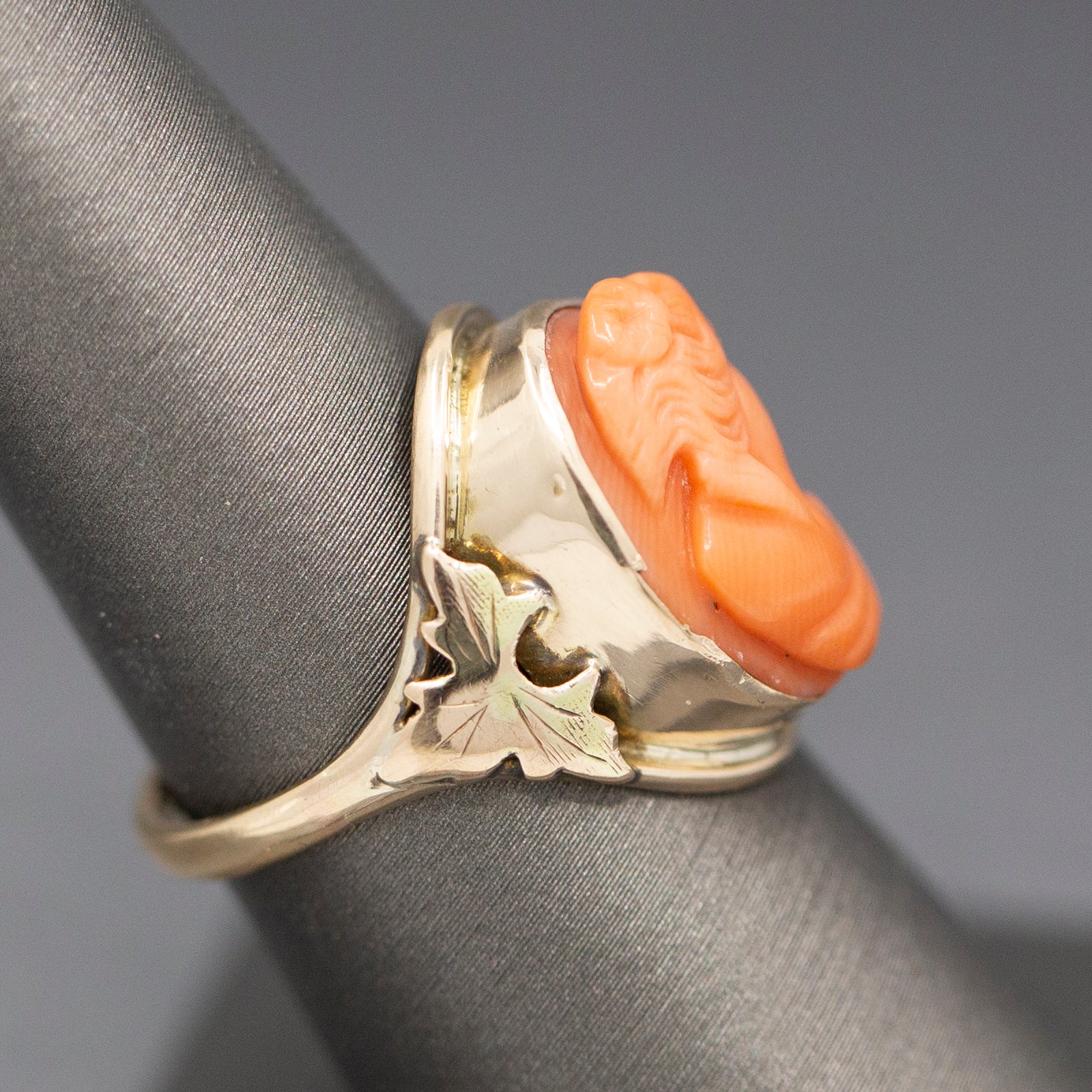 Antique Victorian Carved Coral Cameo Ring Bezel Set in 10k Yellow Gold