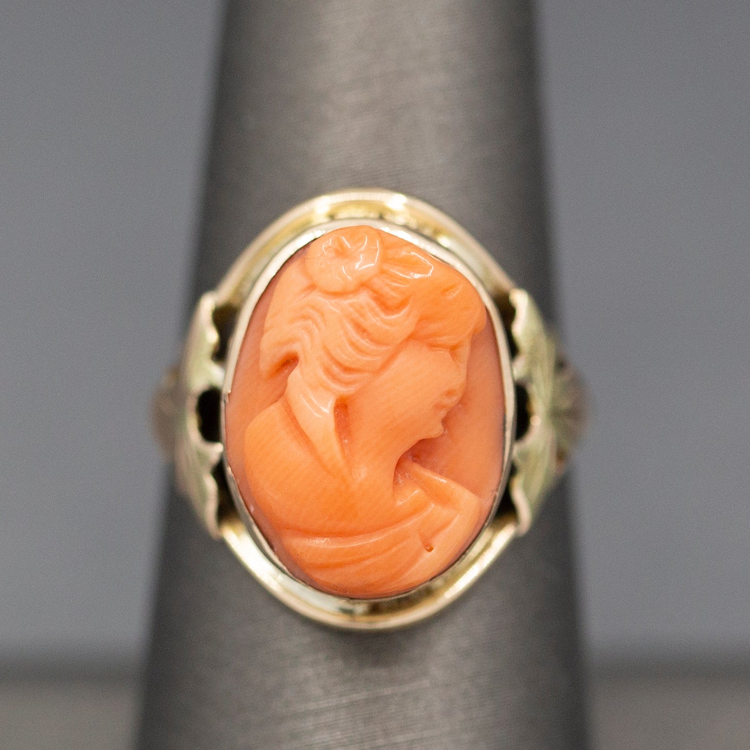 Antique Victorian Carved Coral Cameo Ring Bezel Set in 10k Yellow Gold