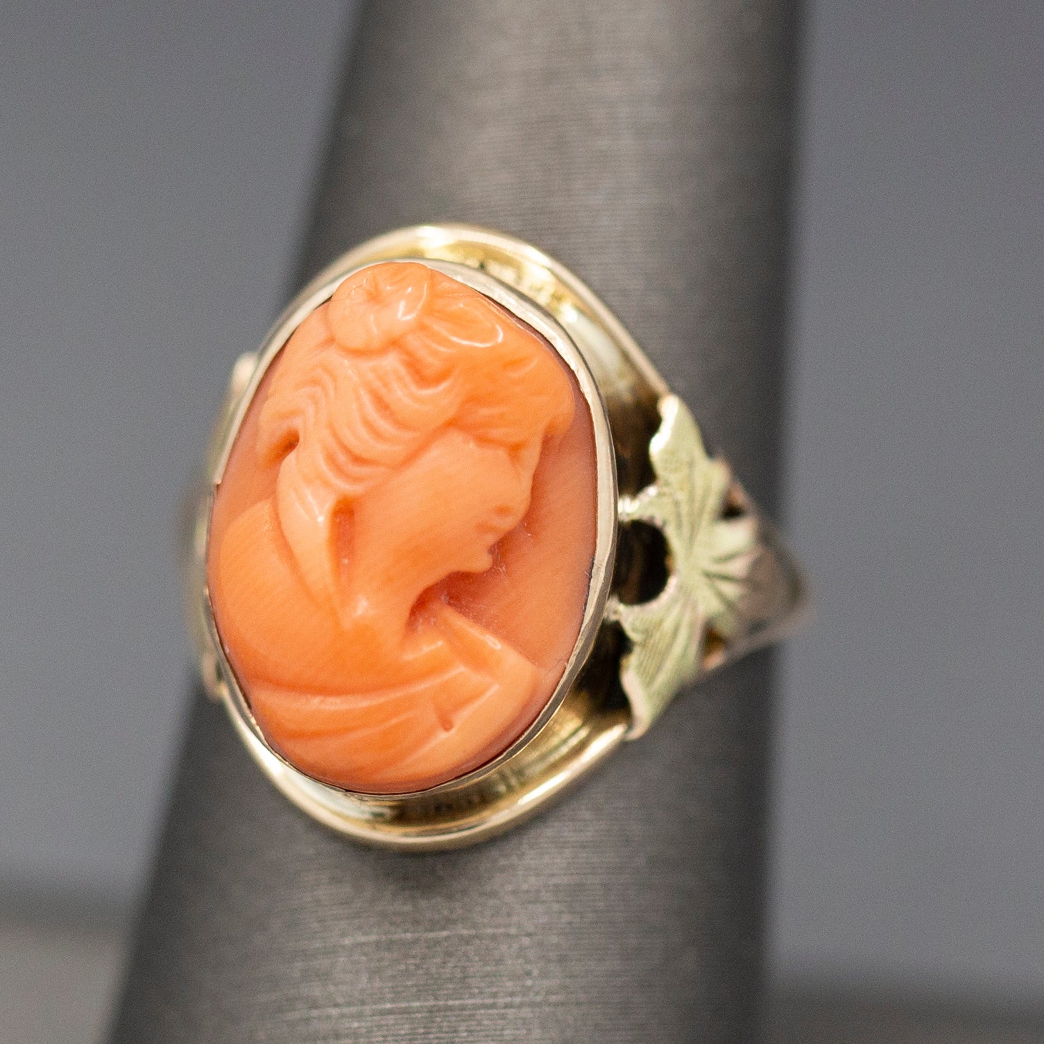 Antique Victorian Carved Coral Cameo Ring Bezel Set in 10k Yellow Gold