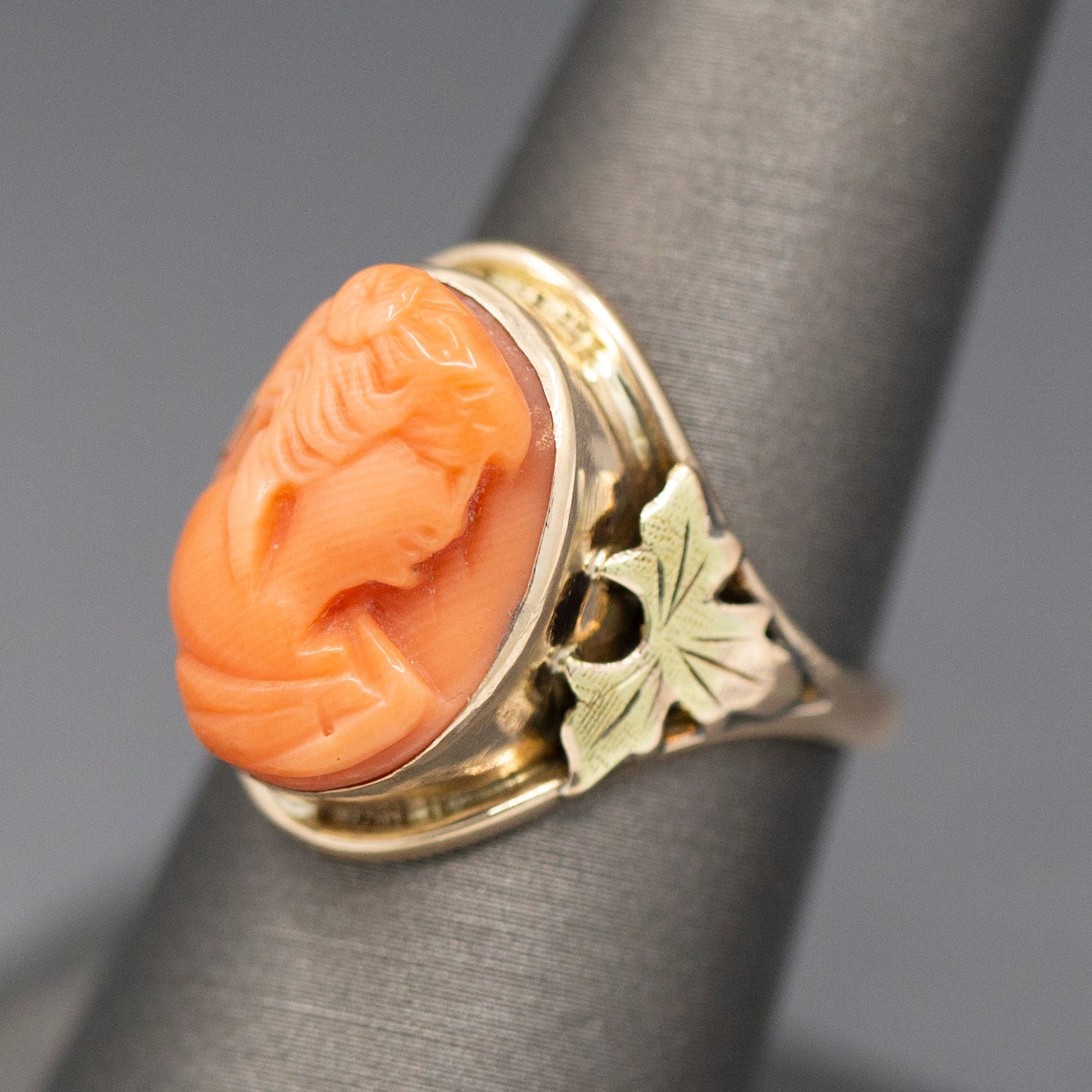 Antique Victorian Carved Coral Cameo Ring Bezel Set in 10k Yellow Gold