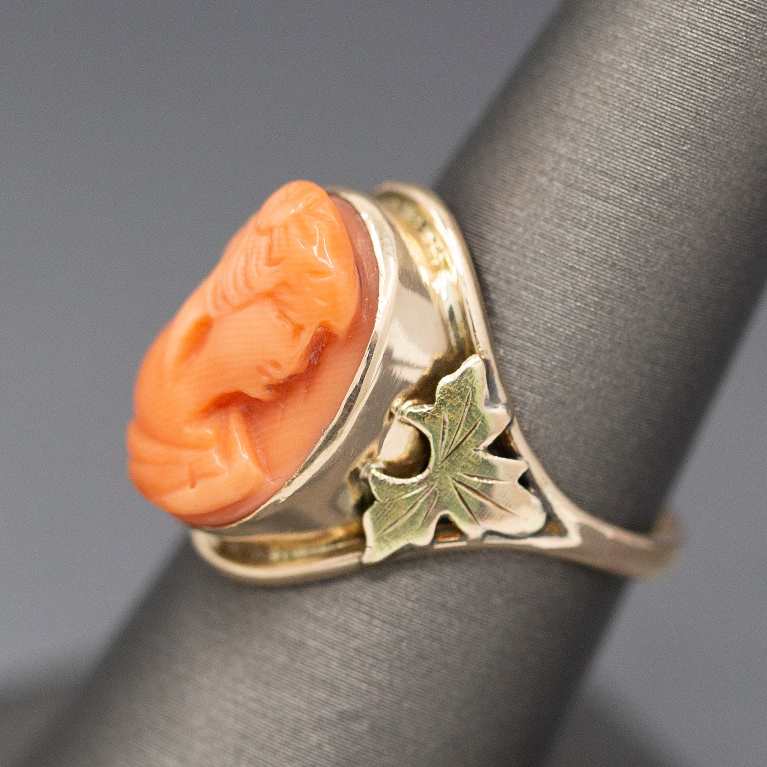 Antique Victorian Carved Coral Cameo Ring Bezel Set in 10k Yellow Gold