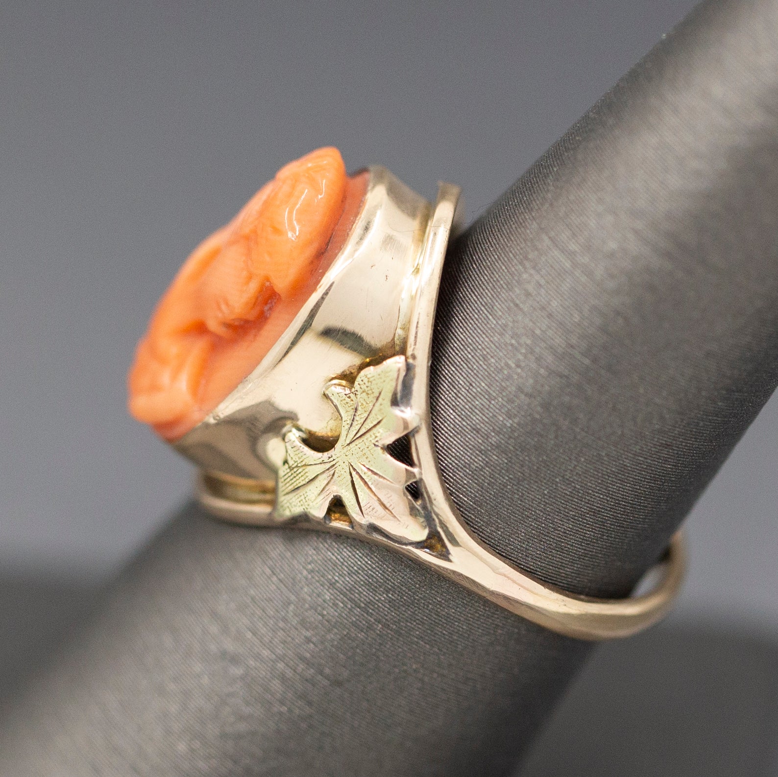 Antique Victorian Carved Coral Cameo Ring Bezel Set in 10k Yellow Gold