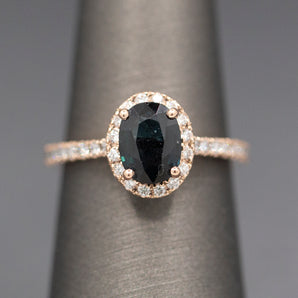 Handcrafted Deep Blue Oval Sapphire and Diamond Halo Ring in 14k Rose Gold