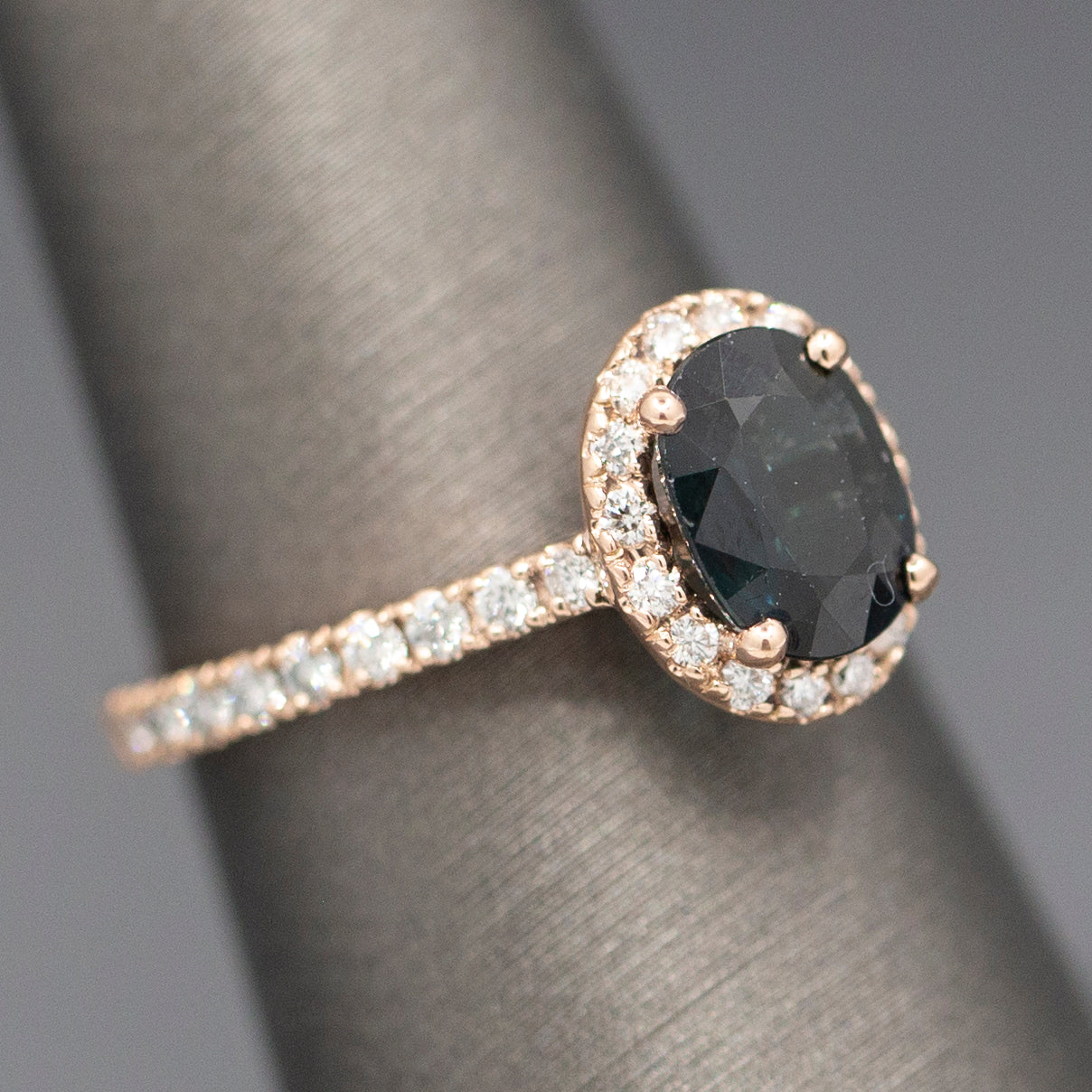 Handcrafted Deep Blue Oval Sapphire and Diamond Halo Ring in 14k Rose Gold
