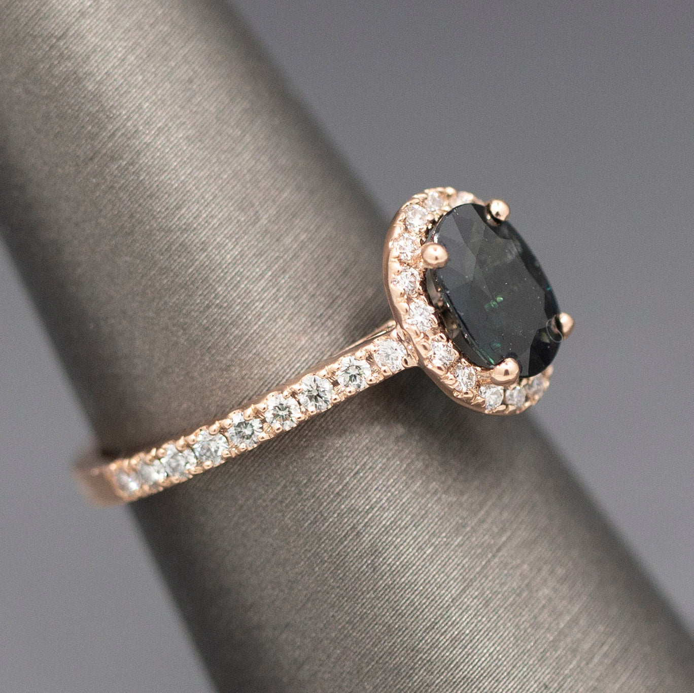 Handcrafted Deep Blue Oval Sapphire and Diamond Halo Ring in 14k Rose Gold
