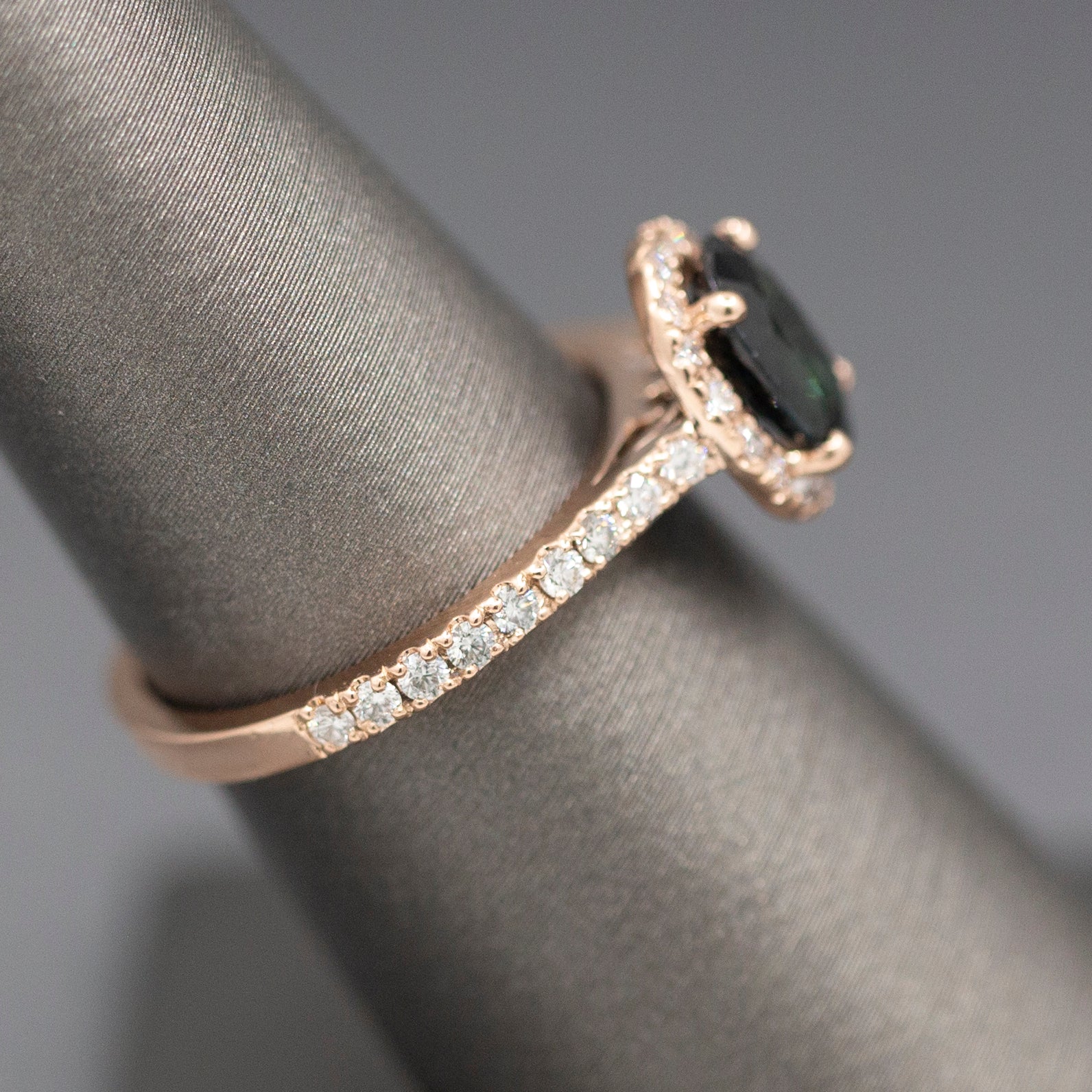 Handcrafted Deep Blue Oval Sapphire and Diamond Halo Ring in 14k Rose Gold