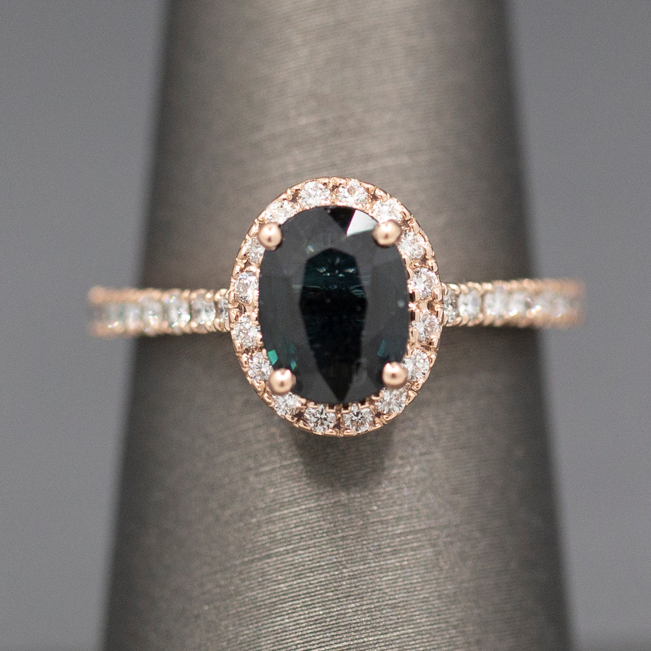 Handcrafted Deep Blue Oval Sapphire and Diamond Halo Ring in 14k Rose Gold