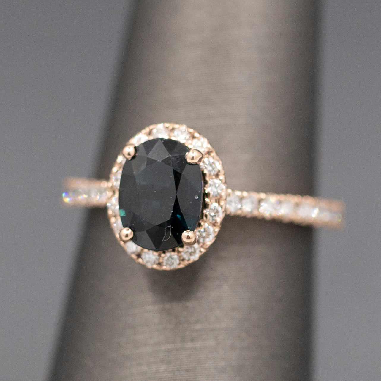 Handcrafted Deep Blue Oval Sapphire and Diamond Halo Ring in 14k Rose Gold