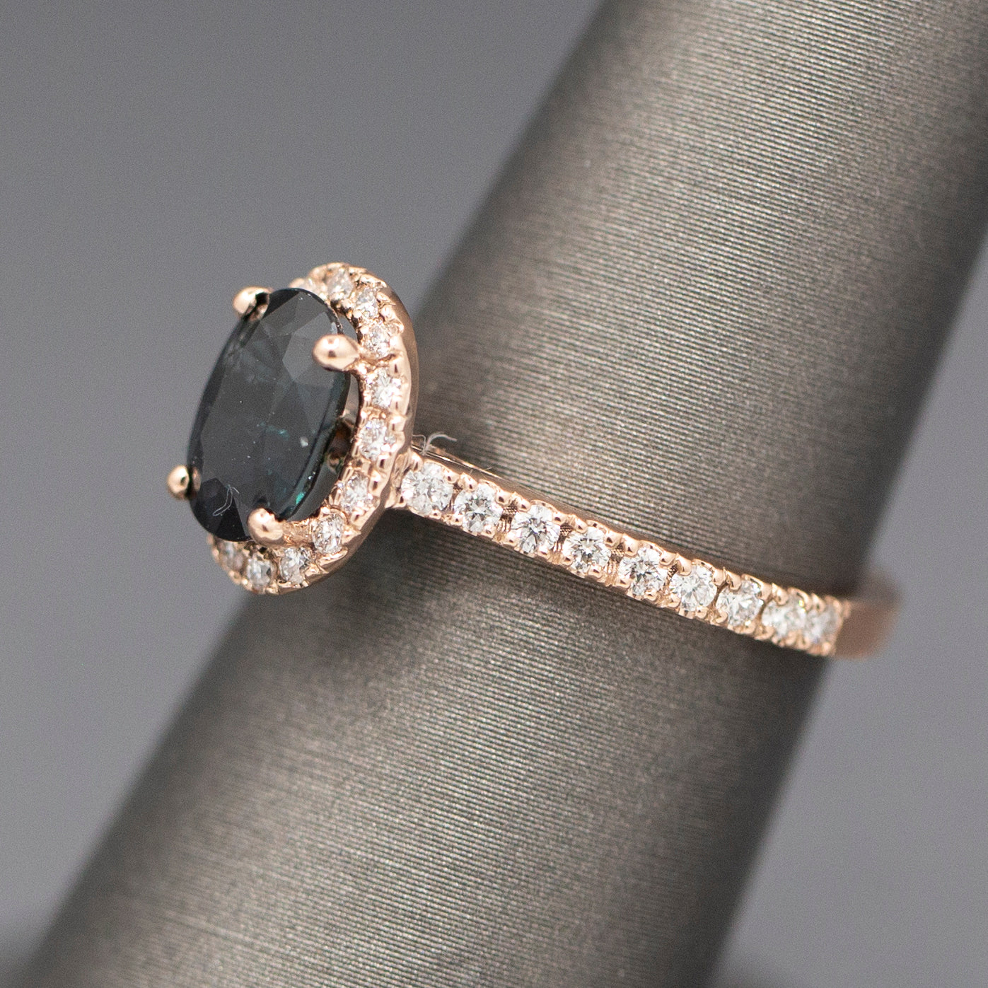 Handcrafted Deep Blue Oval Sapphire and Diamond Halo Ring in 14k Rose Gold