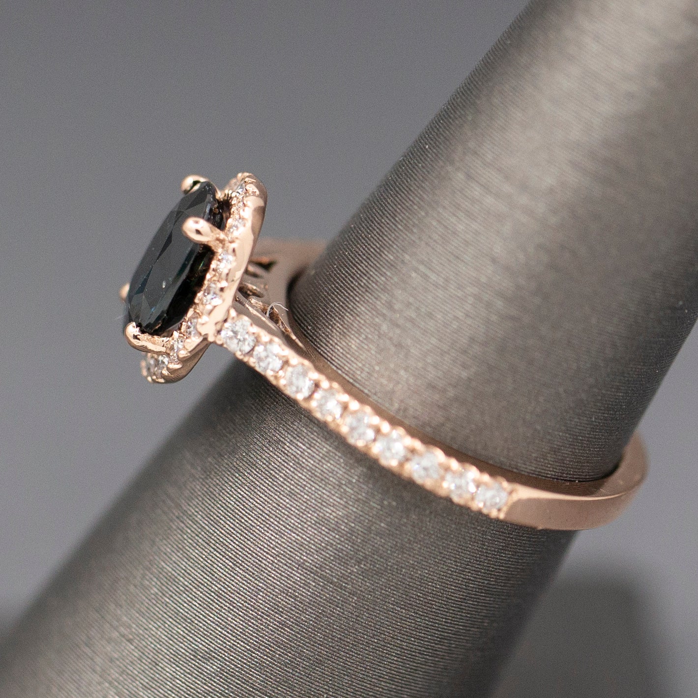 Handcrafted Deep Blue Oval Sapphire and Diamond Halo Ring in 14k Rose Gold