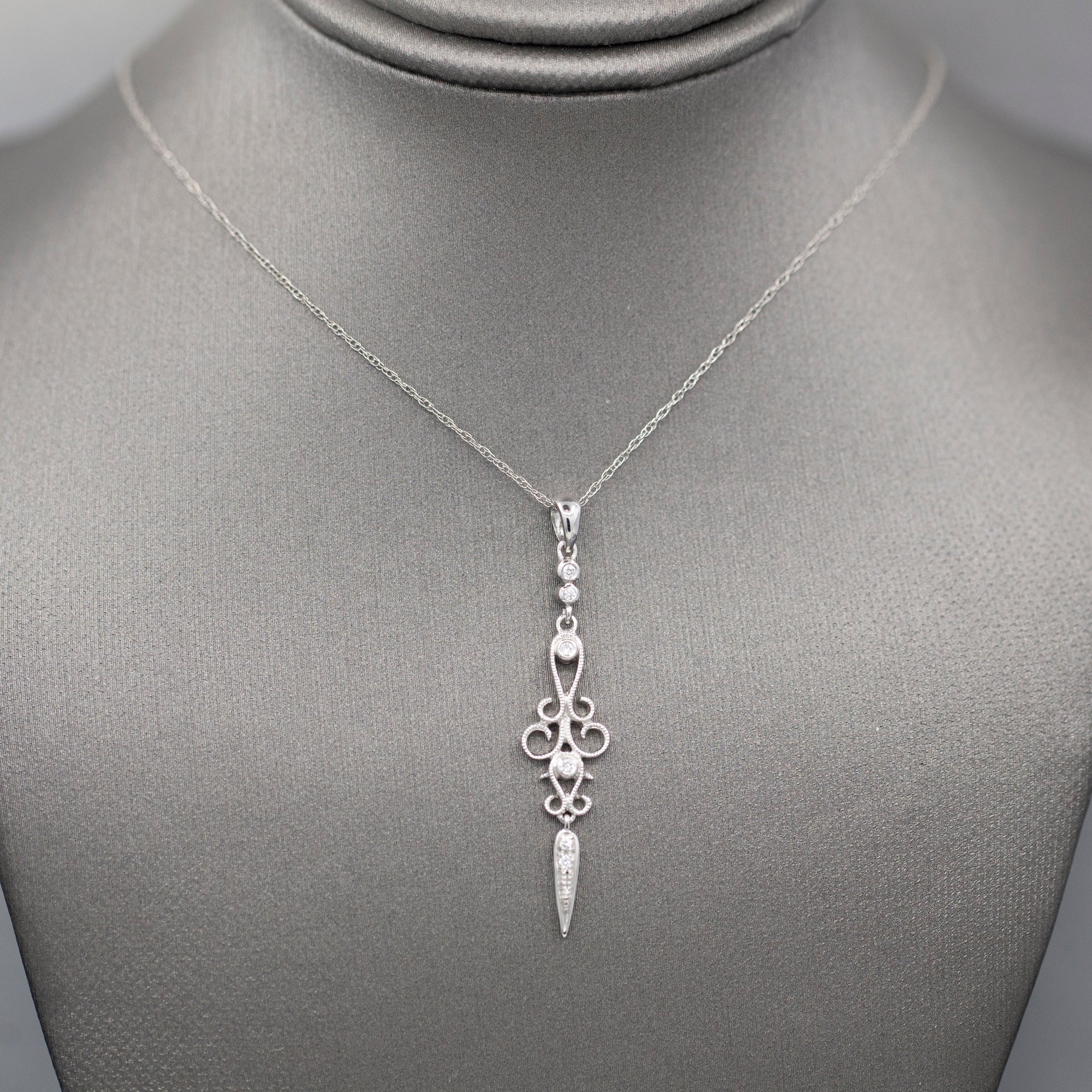 Delicate Diamond Dagger Dangling Pendant Necklace in 14k White Gold