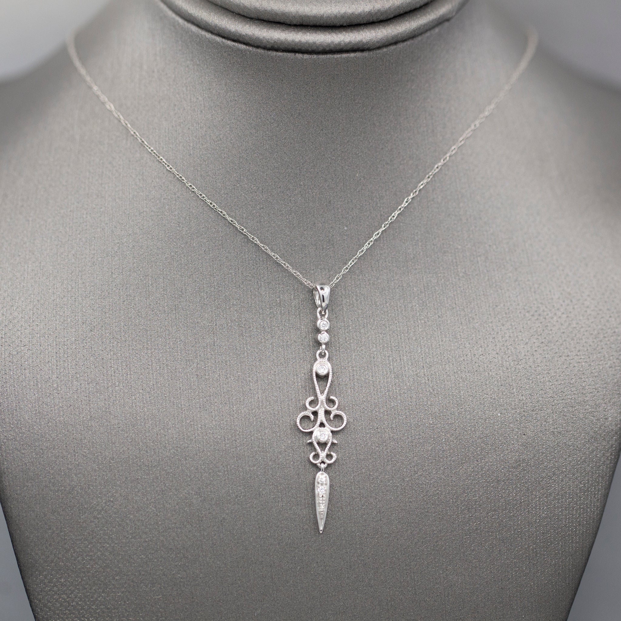 Delicate Diamond Dagger Dangling Pendant Necklace in 14k White Gold