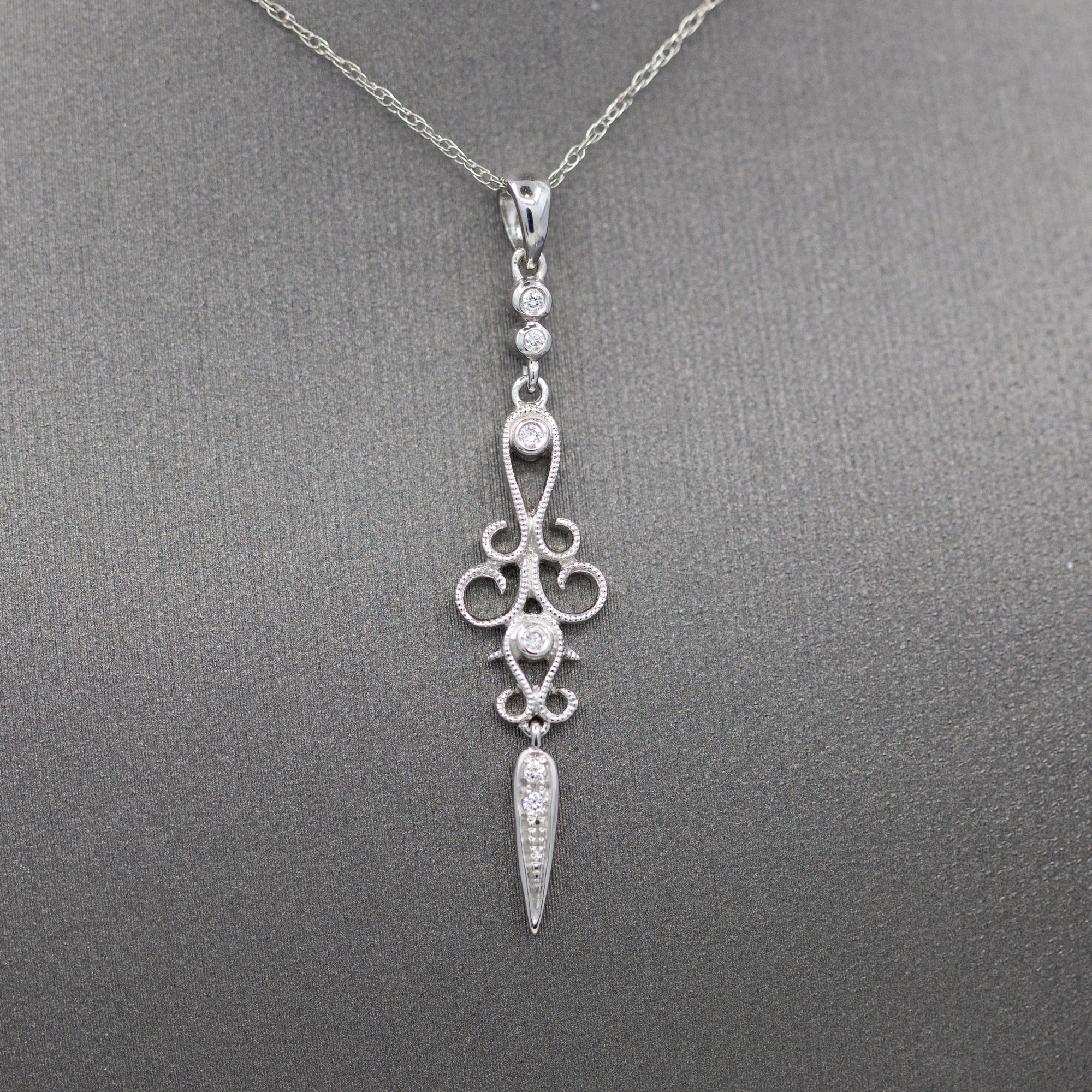 Delicate Diamond Dagger Dangling Pendant Necklace in 14k White Gold