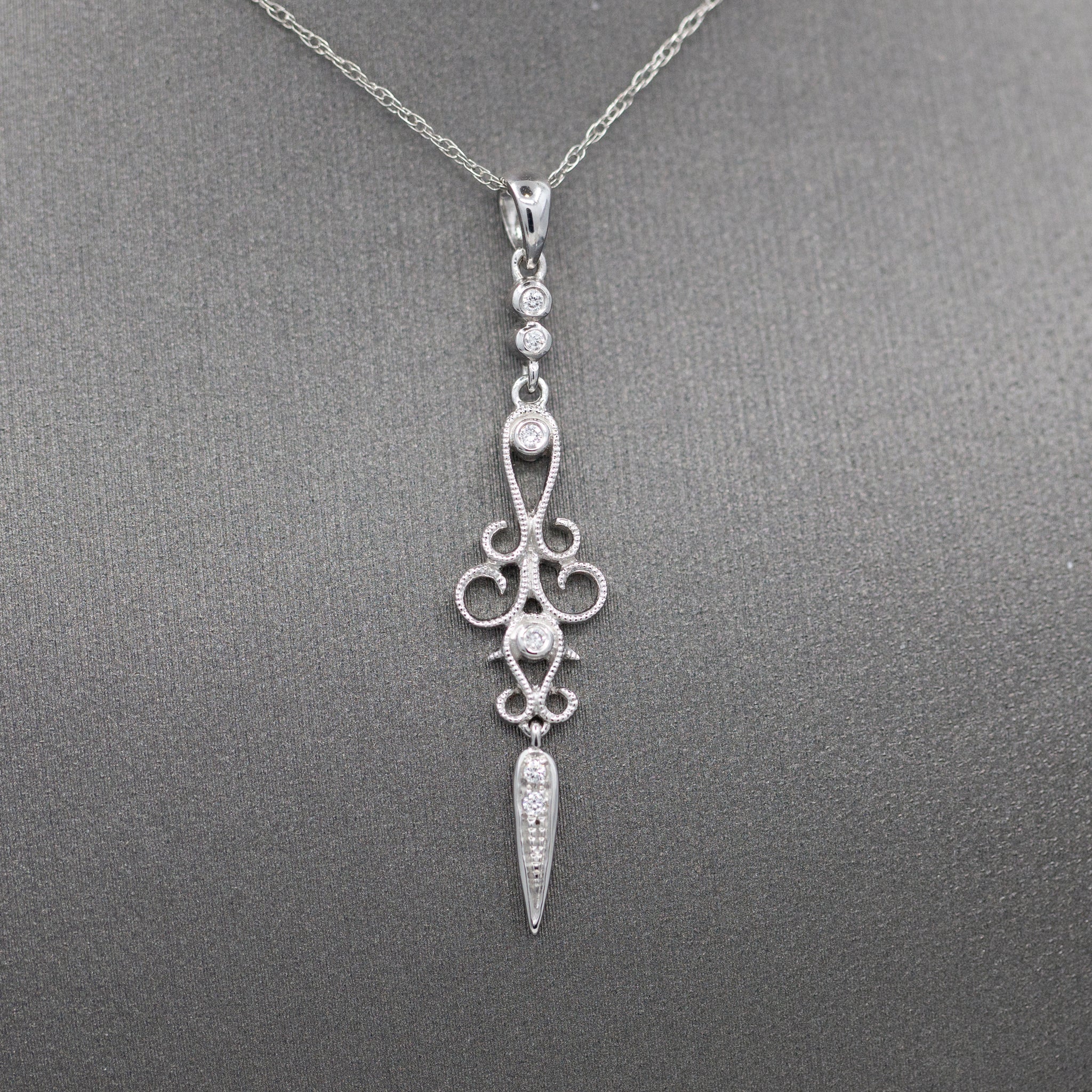 Delicate Diamond Dagger Dangling Pendant Necklace in 14k White Gold