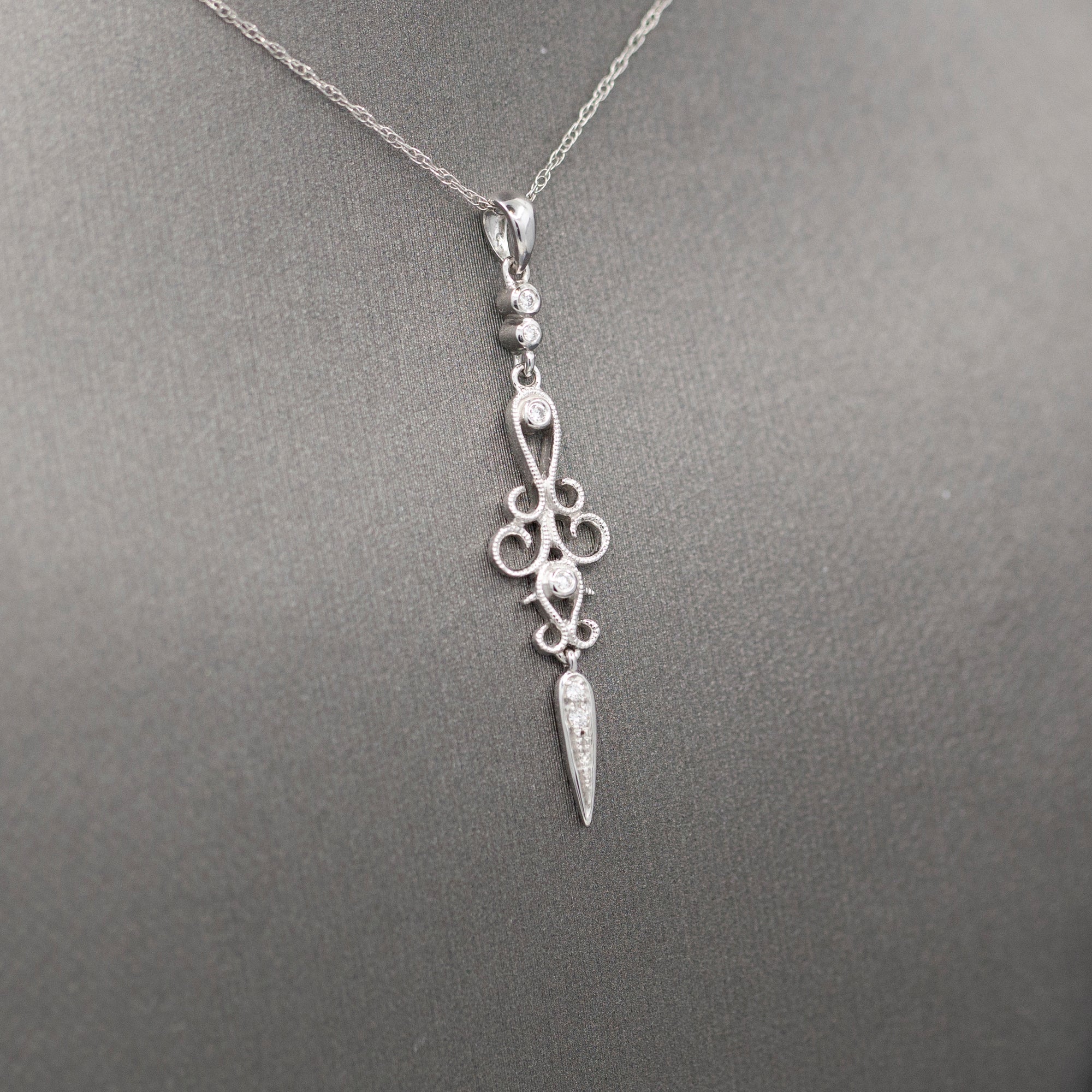 Delicate Diamond Dagger Dangling Pendant Necklace in 14k White Gold