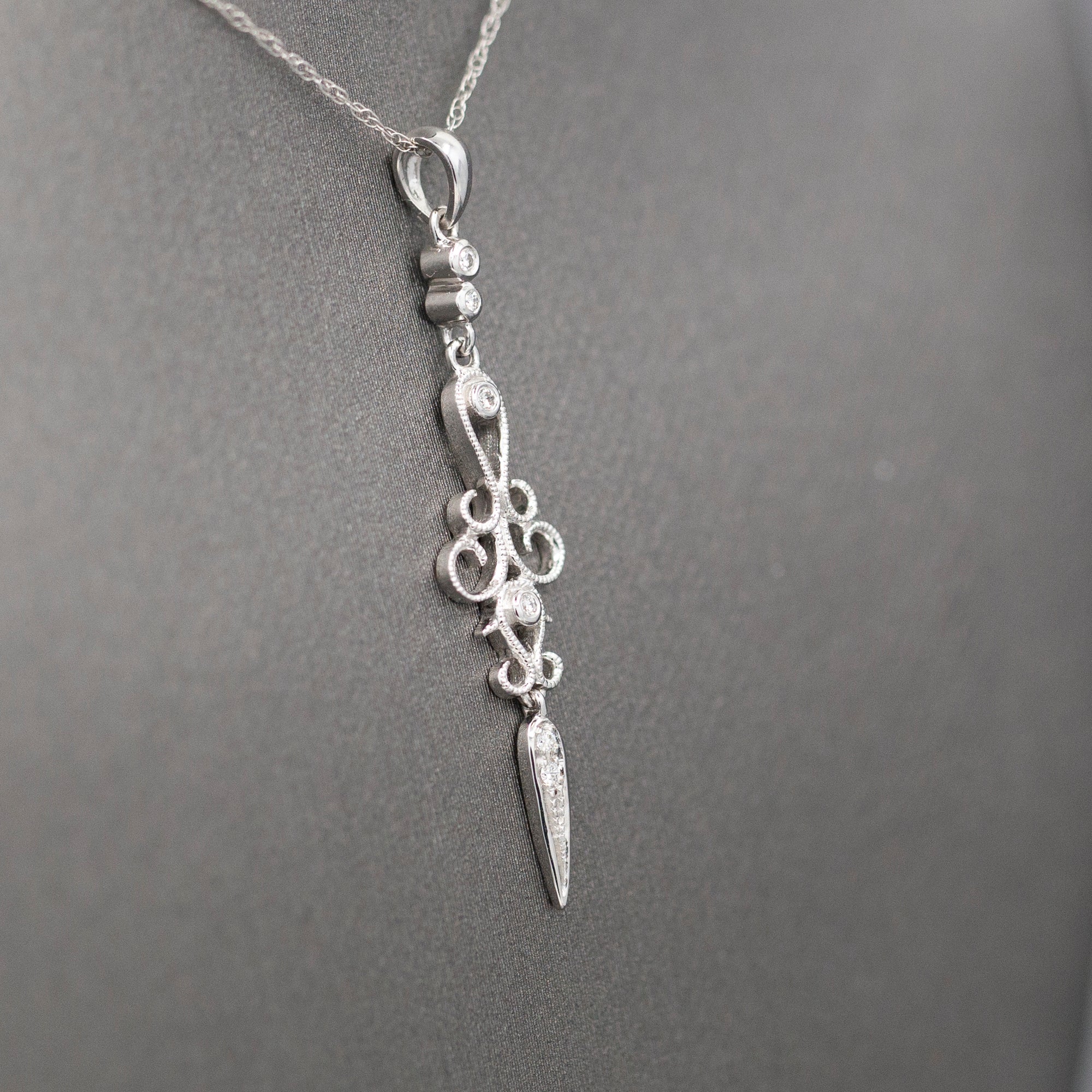 Delicate Diamond Dagger Dangling Pendant Necklace in 14k White Gold