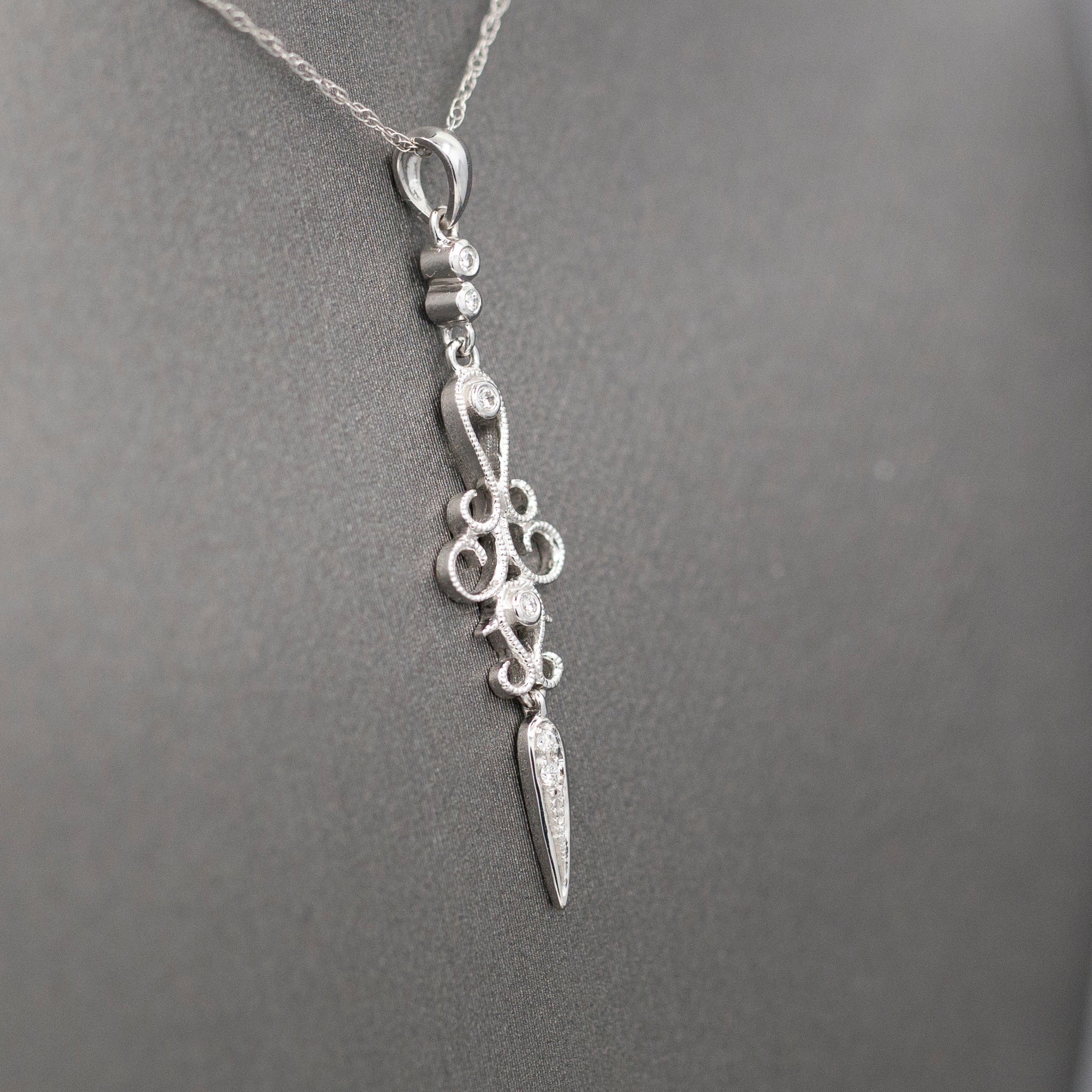Delicate Diamond Dagger Dangling Pendant Necklace in 14k White Gold