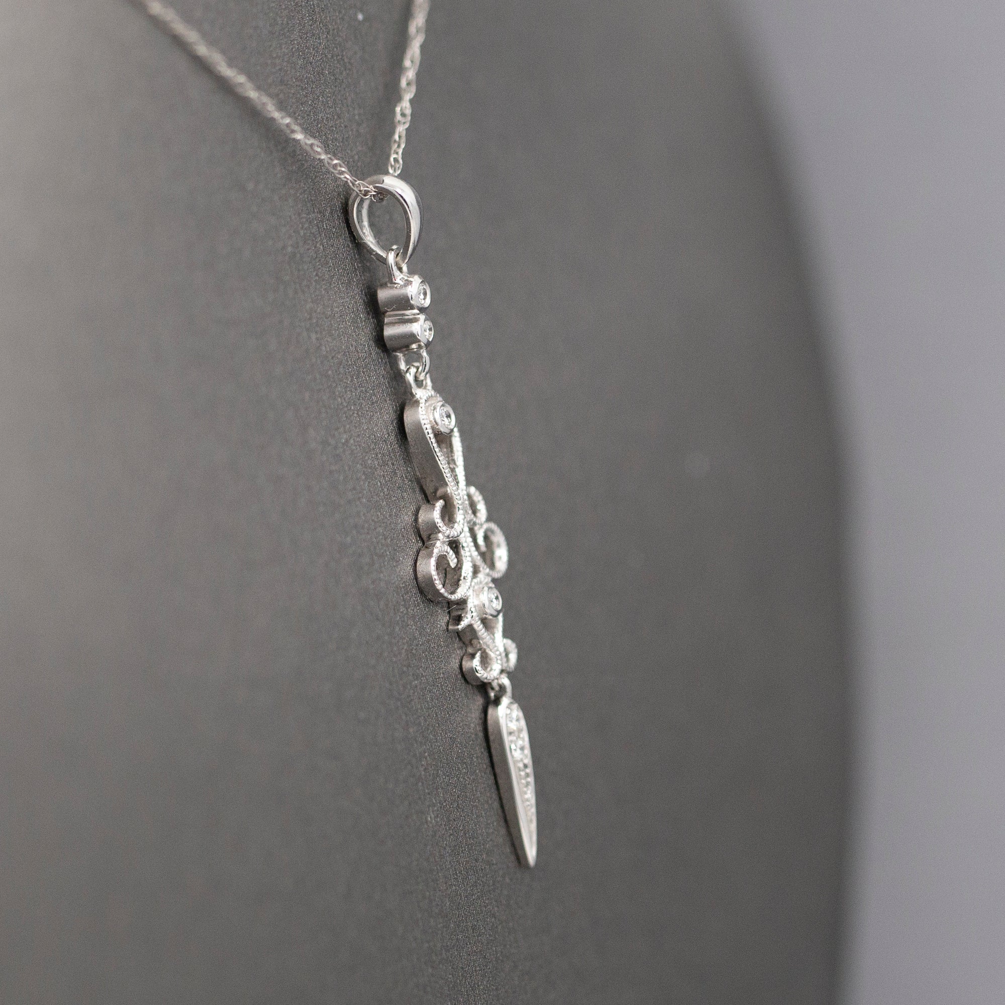 Delicate Diamond Dagger Dangling Pendant Necklace in 14k White Gold