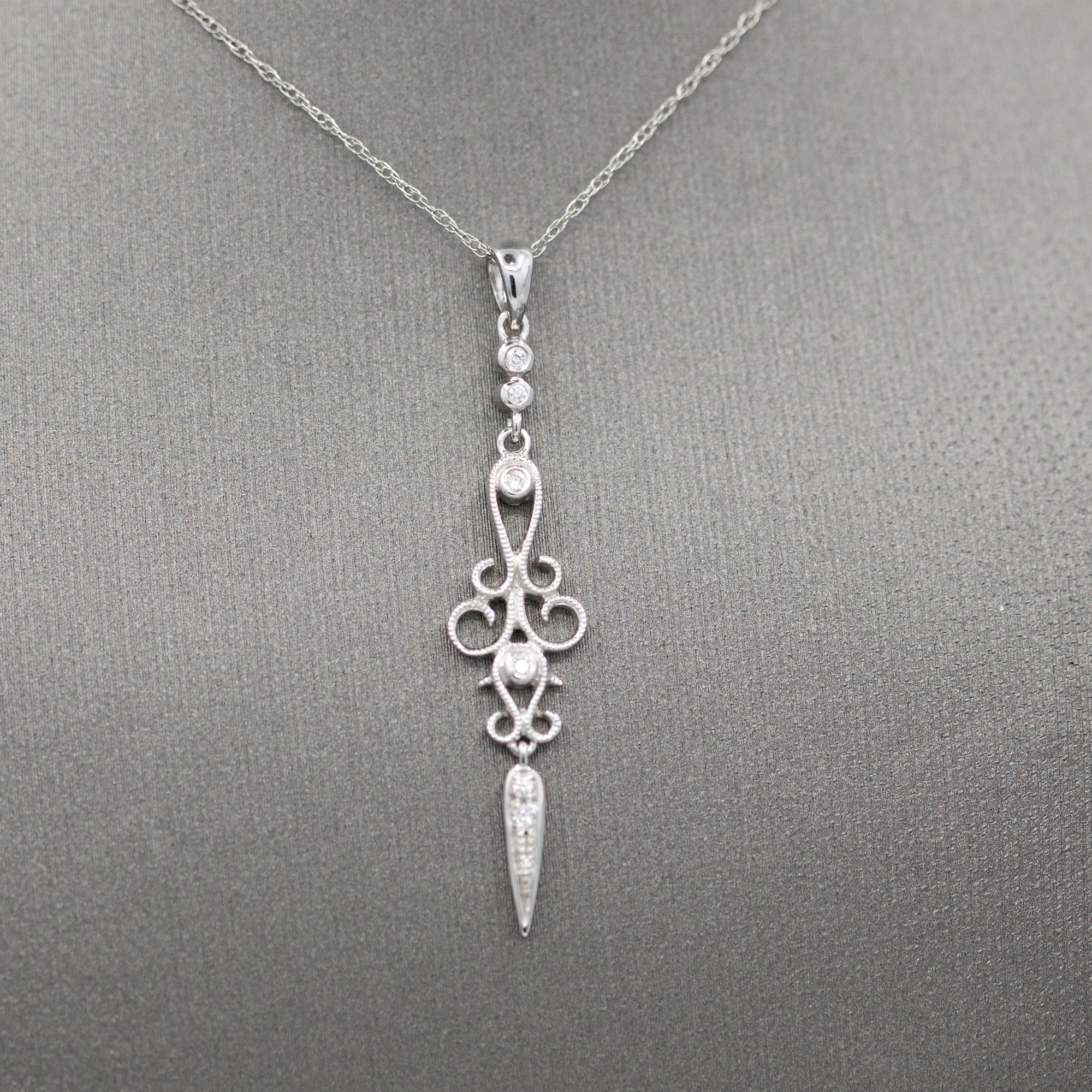Delicate Diamond Dagger Dangling Pendant Necklace in 14k White Gold
