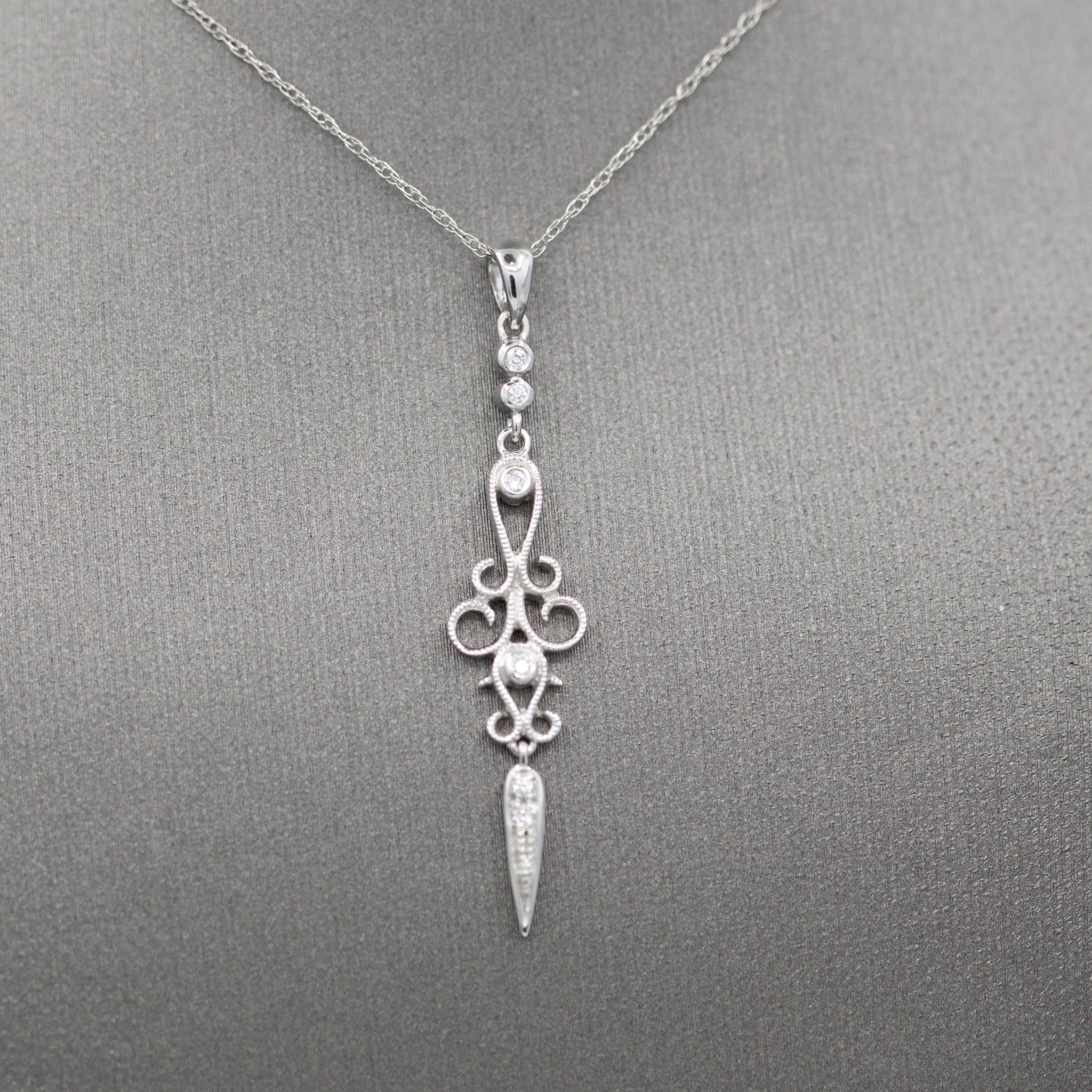 Delicate Diamond Dagger Dangling Pendant Necklace in 14k White Gold