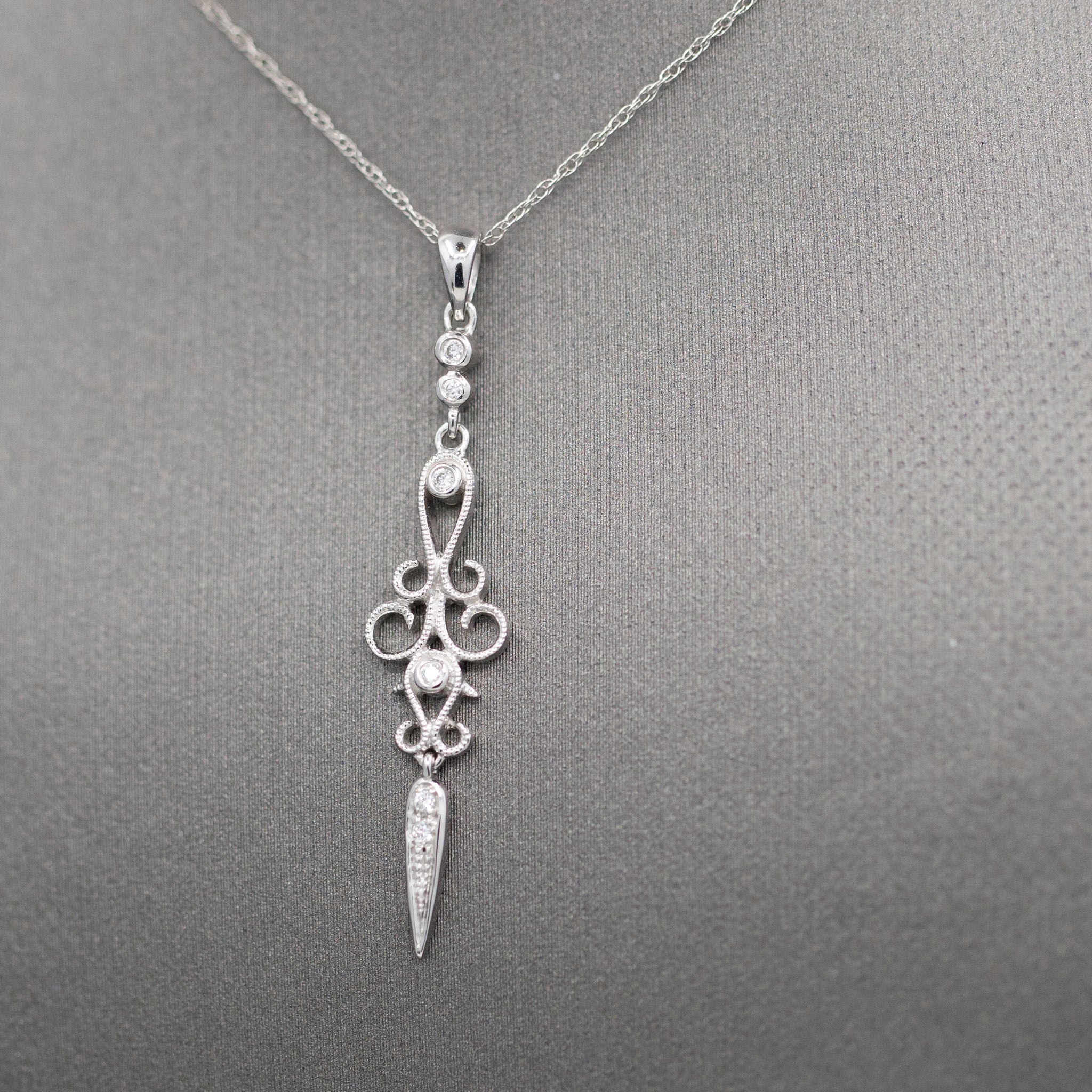 Delicate Diamond Dagger Dangling Pendant Necklace in 14k White Gold
