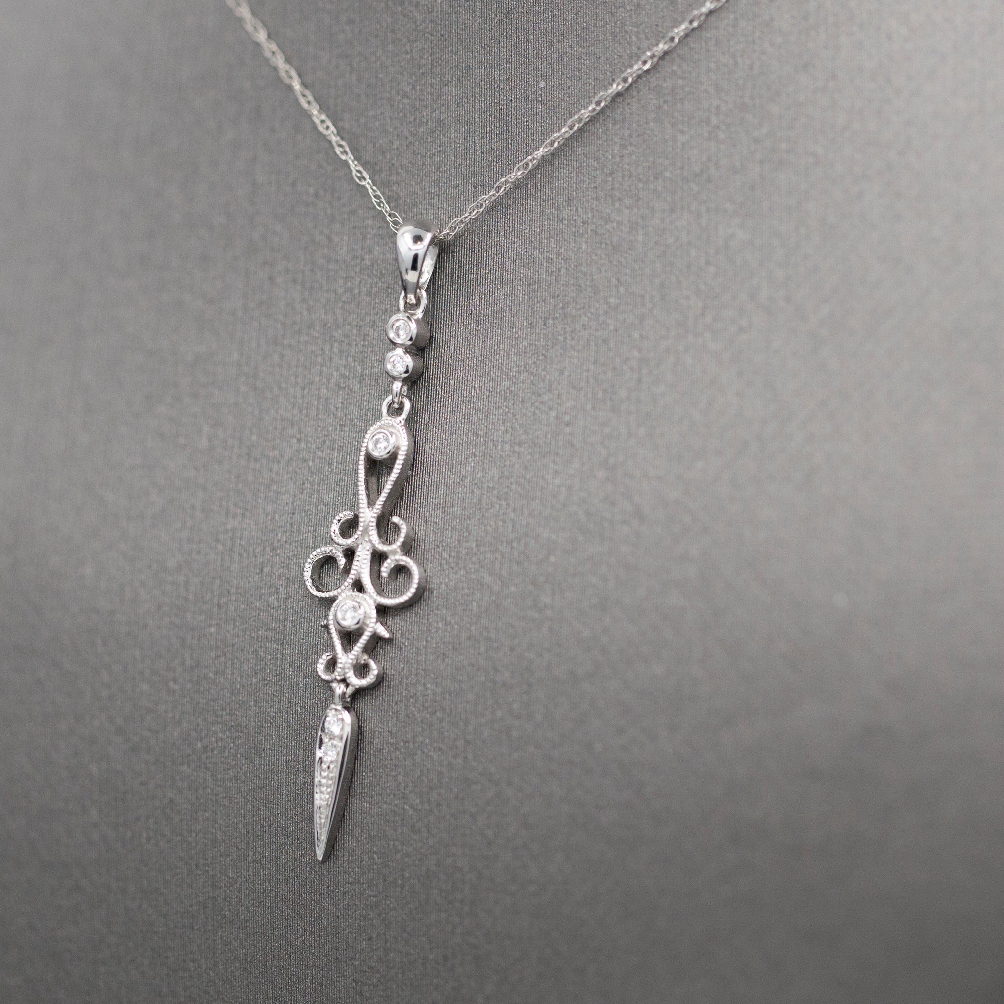 Delicate Diamond Dagger Dangling Pendant Necklace in 14k White Gold