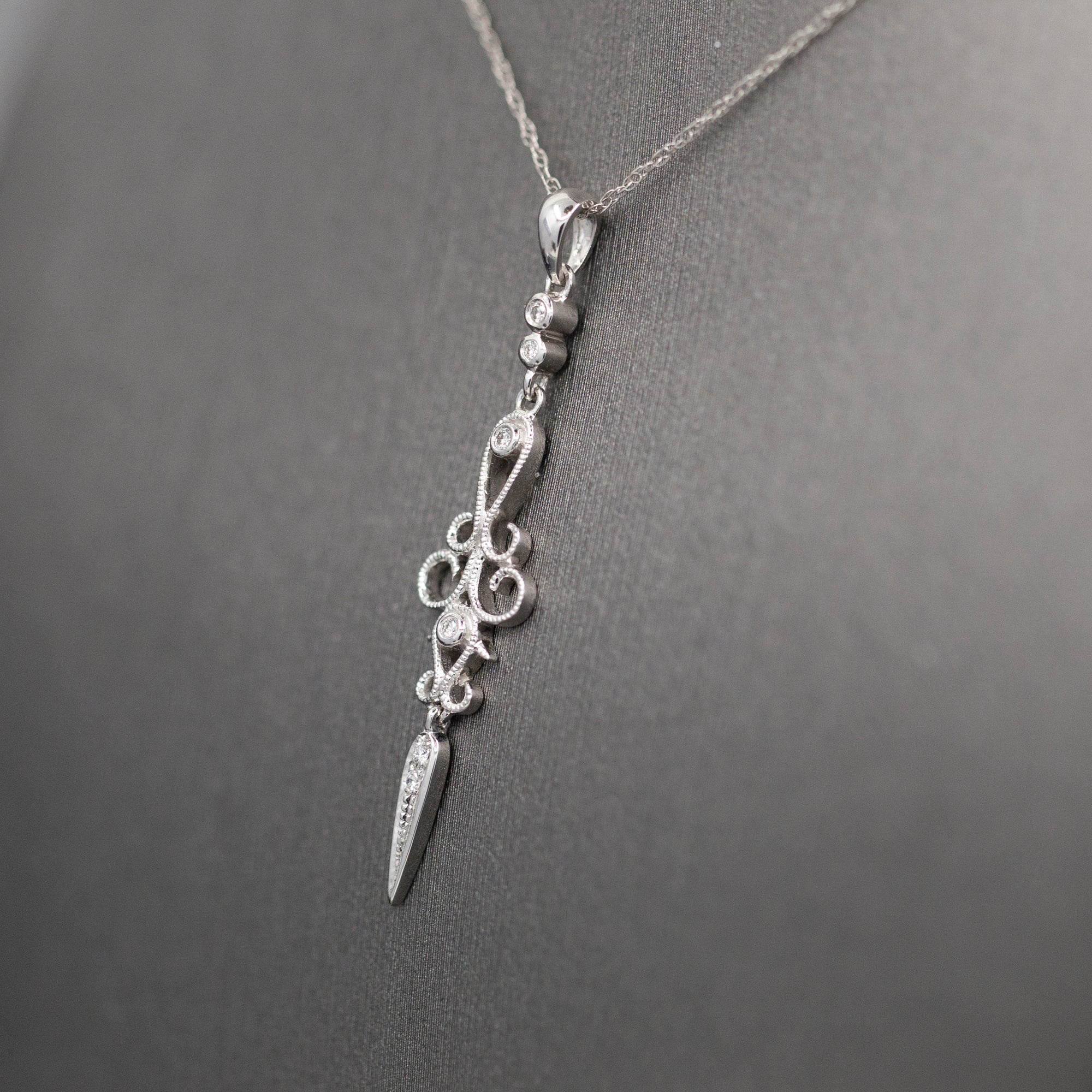 Delicate Diamond Dagger Dangling Pendant Necklace in 14k White Gold
