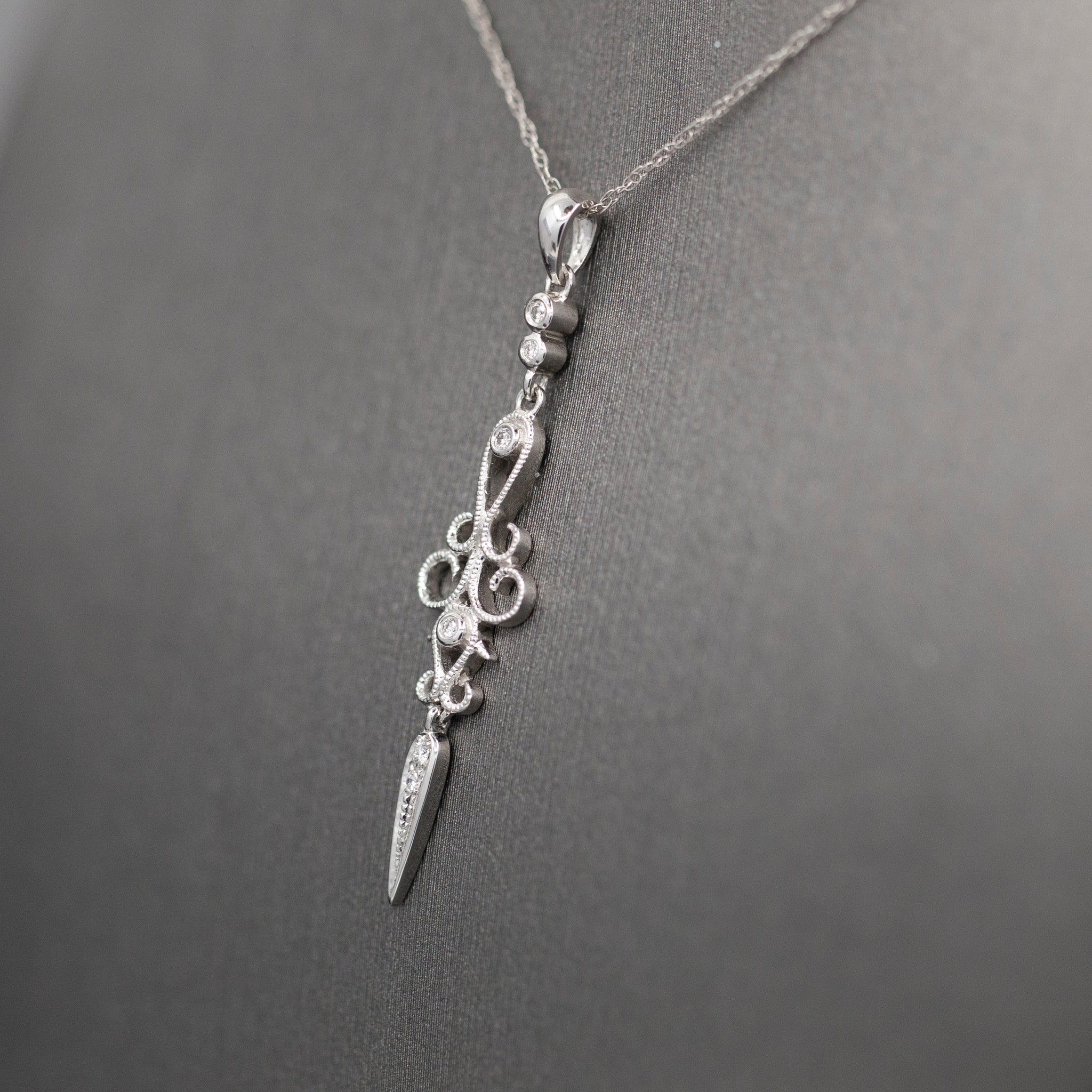 Delicate Diamond Dagger Dangling Pendant Necklace in 14k White Gold