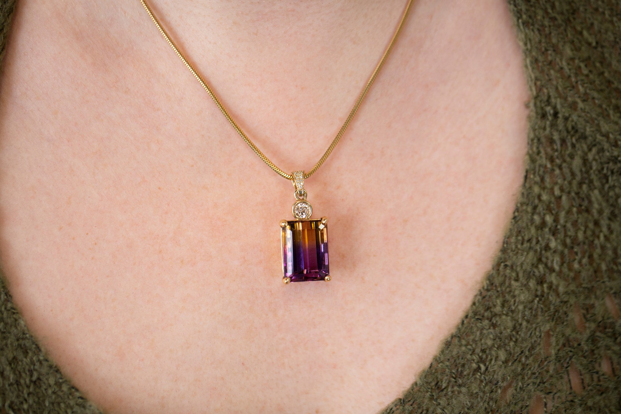 Jaw-Dropping 29.41ctw Emerald Cut Ametrine and Diamond 14k Yellow Gold Necklace