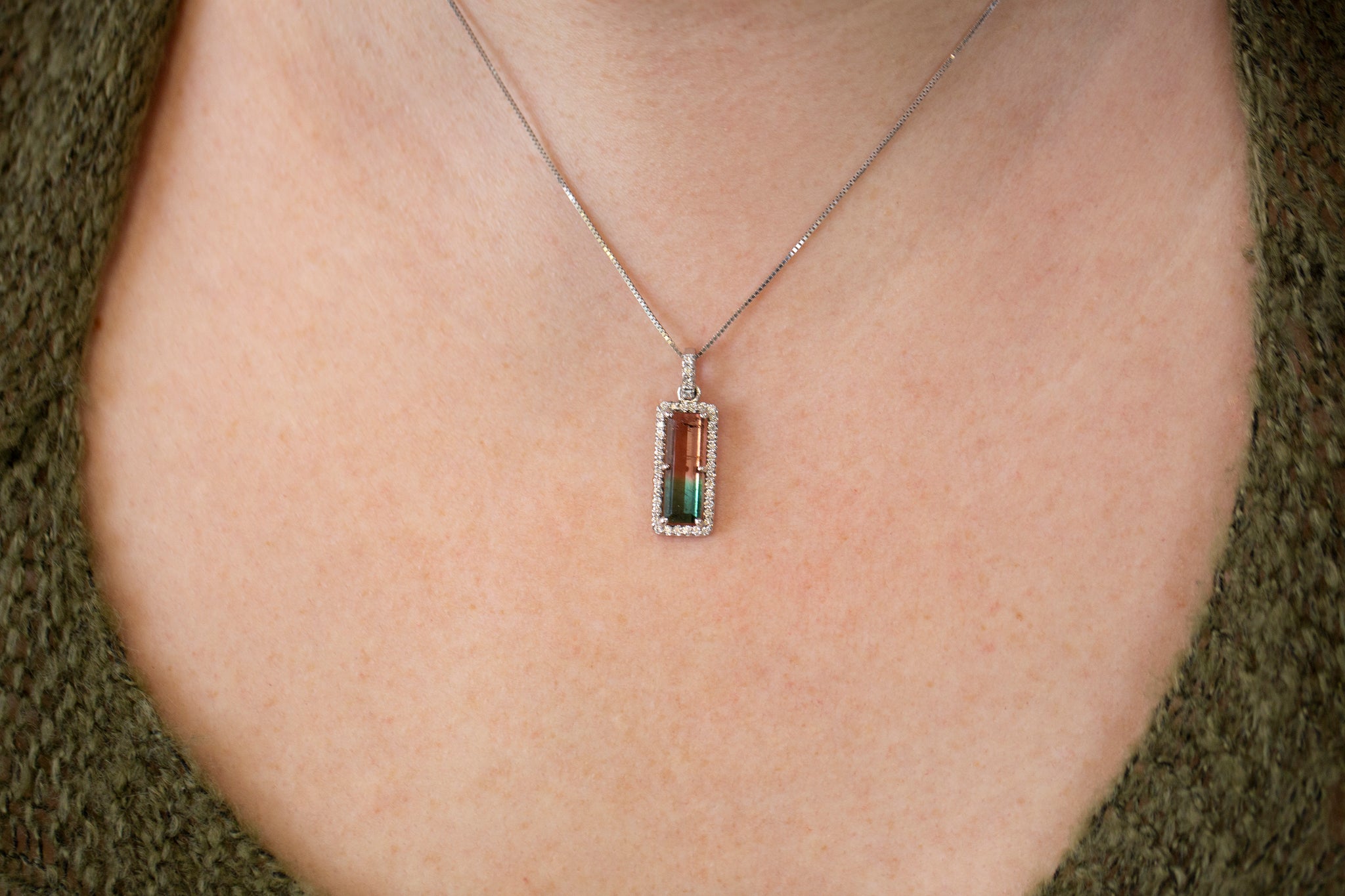 Handcrafted Natural Watermelon Tourmaline and Diamond Pendant Necklace 14k White Gold