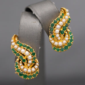 Gorgeous Green Emerald and Seed Pearl Earrings in 22k Yellow Gold