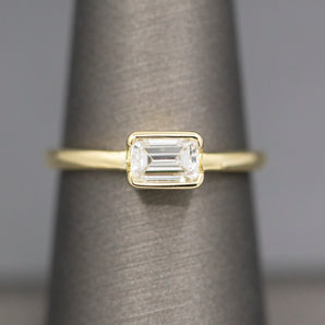 Handcrafted Half Bezel Set Emerald Cut Diamond Ring in 14k Yellow Gold GIA Certified