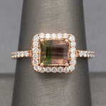 Luscious Watermelon Tourmaline and Diamond Halo Ring in 14k Rose Gold