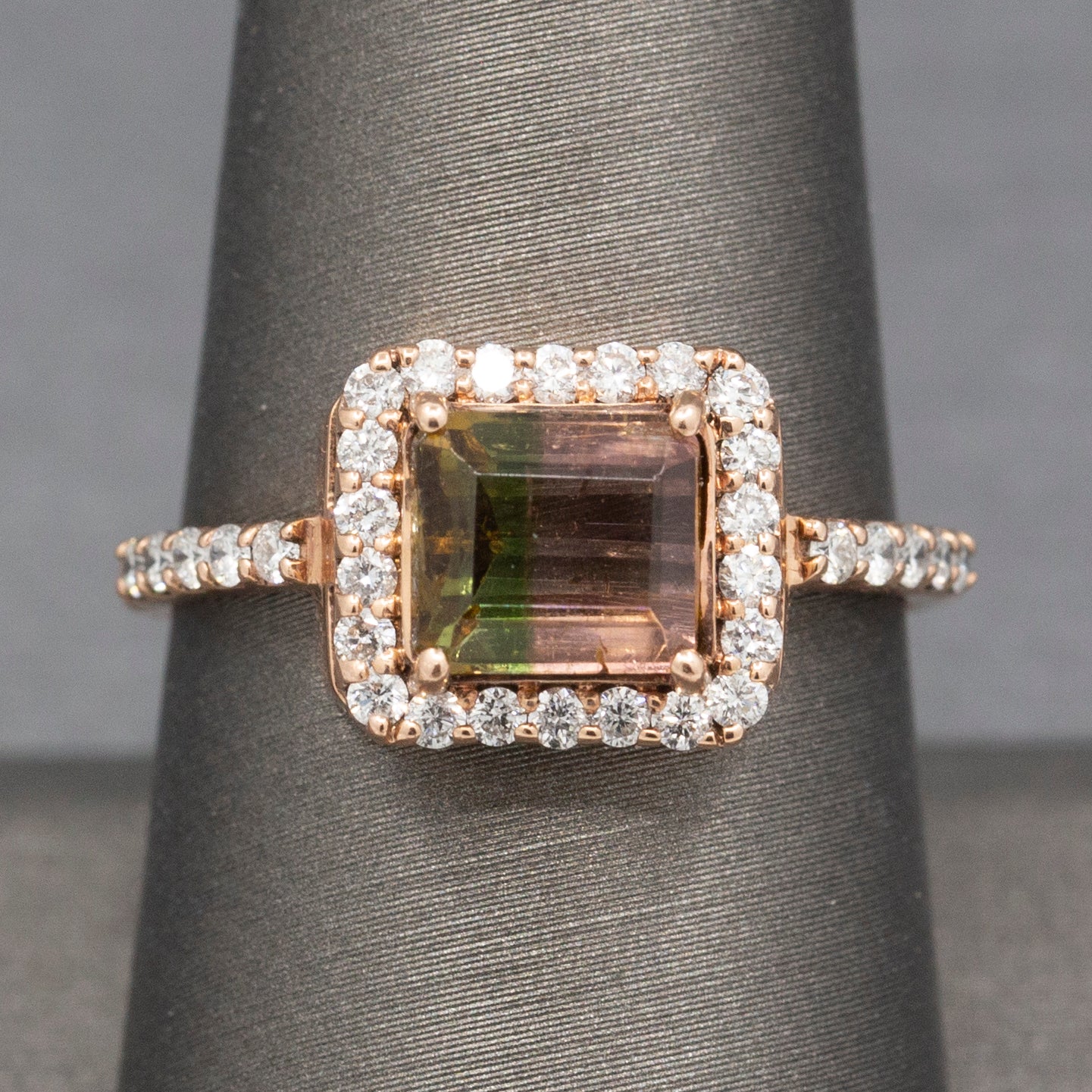 Luscious Watermelon Tourmaline and Diamond Halo Ring in 14k Rose Gold