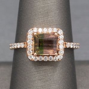 Luscious Watermelon Tourmaline and Diamond Halo Ring in 14k Rose Gold