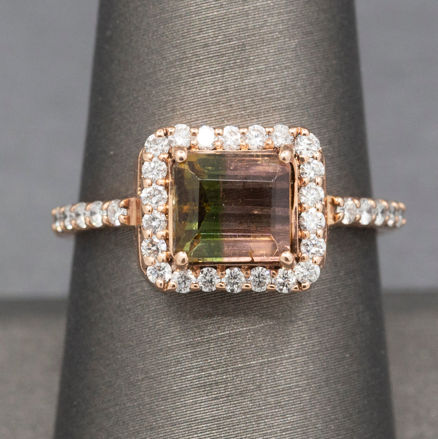 Luscious Watermelon Tourmaline and Diamond Halo Ring in 14k Rose Gold