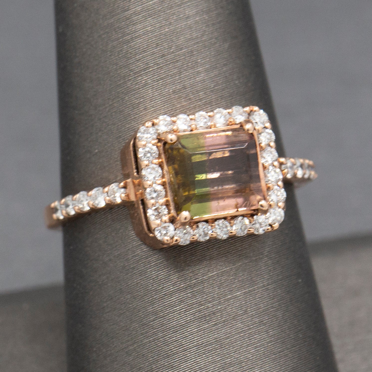 Luscious Watermelon Tourmaline and Diamond Halo Ring in 14k Rose Gold