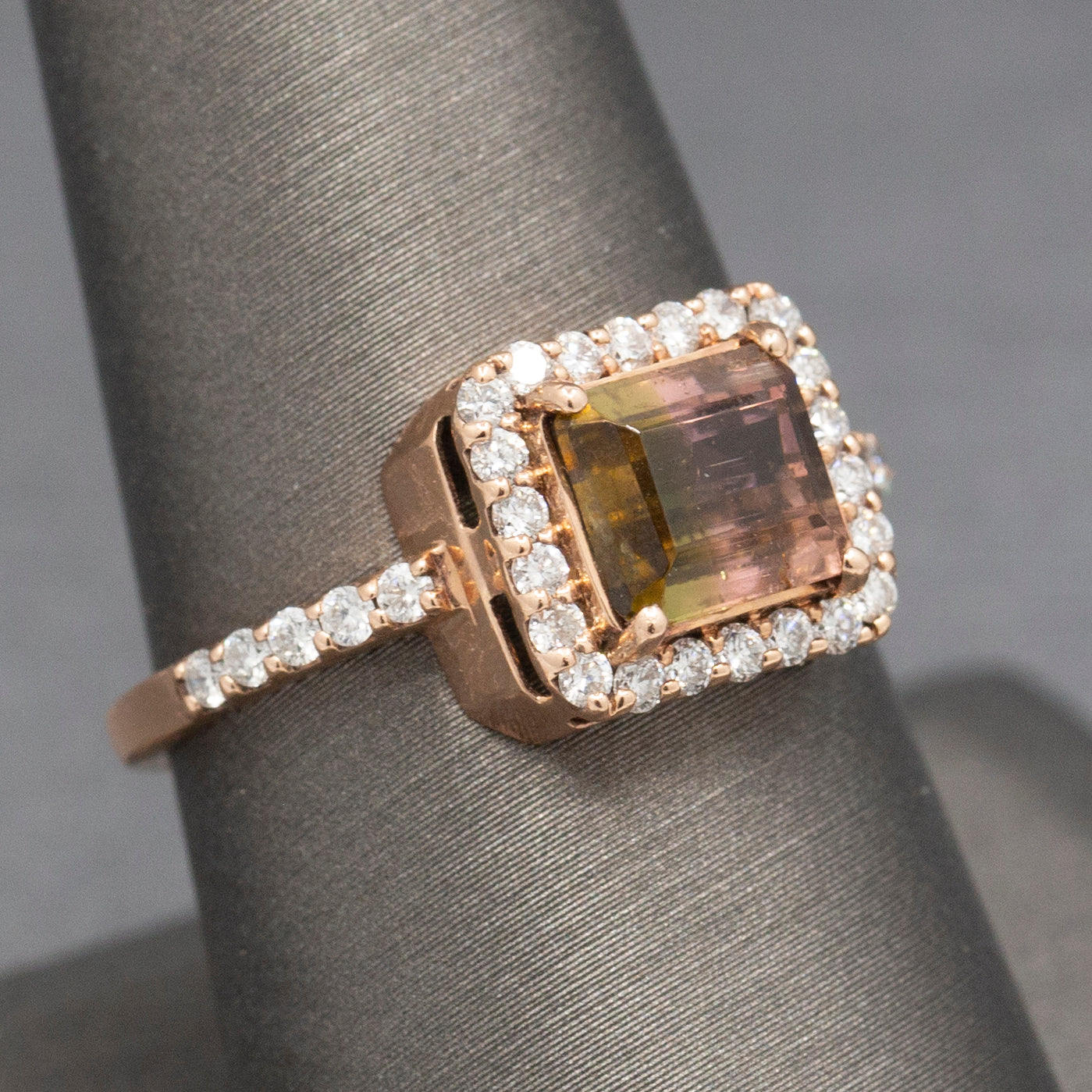 Luscious Watermelon Tourmaline and Diamond Halo Ring in 14k Rose Gold