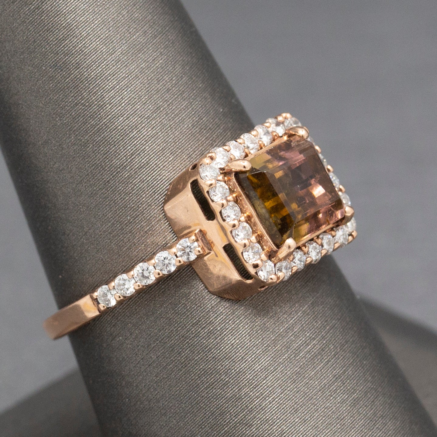 Luscious Watermelon Tourmaline and Diamond Halo Ring in 14k Rose Gold