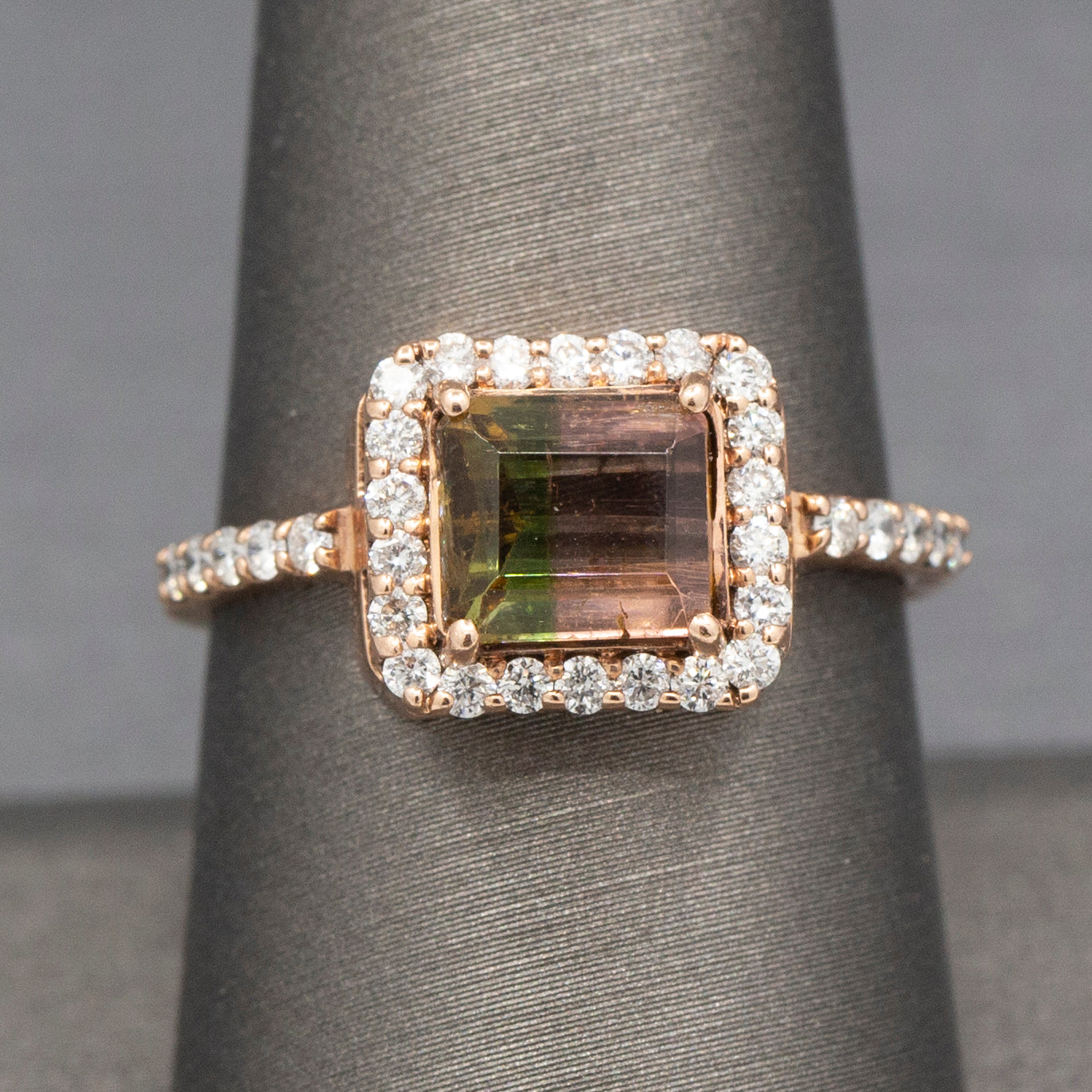 Luscious Watermelon Tourmaline and Diamond Halo Ring in 14k Rose Gold