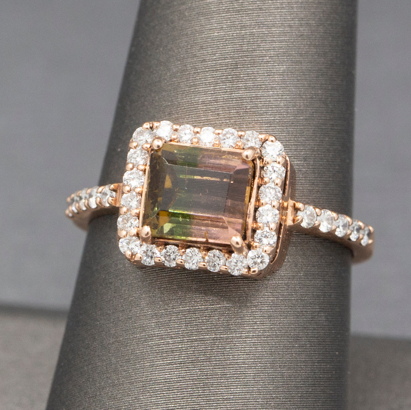 Luscious Watermelon Tourmaline and Diamond Halo Ring in 14k Rose Gold