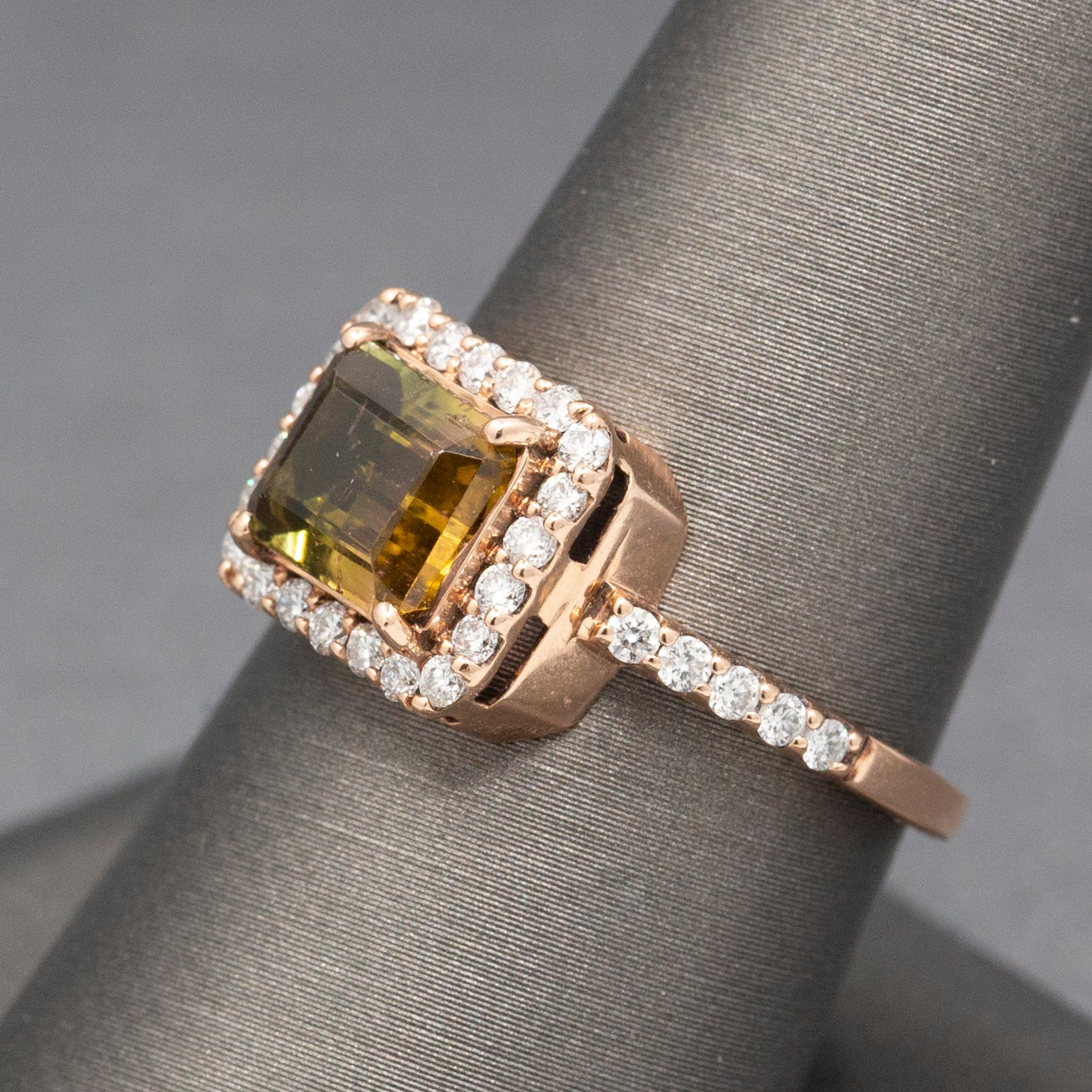 Luscious Watermelon Tourmaline and Diamond Halo Ring in 14k Rose Gold