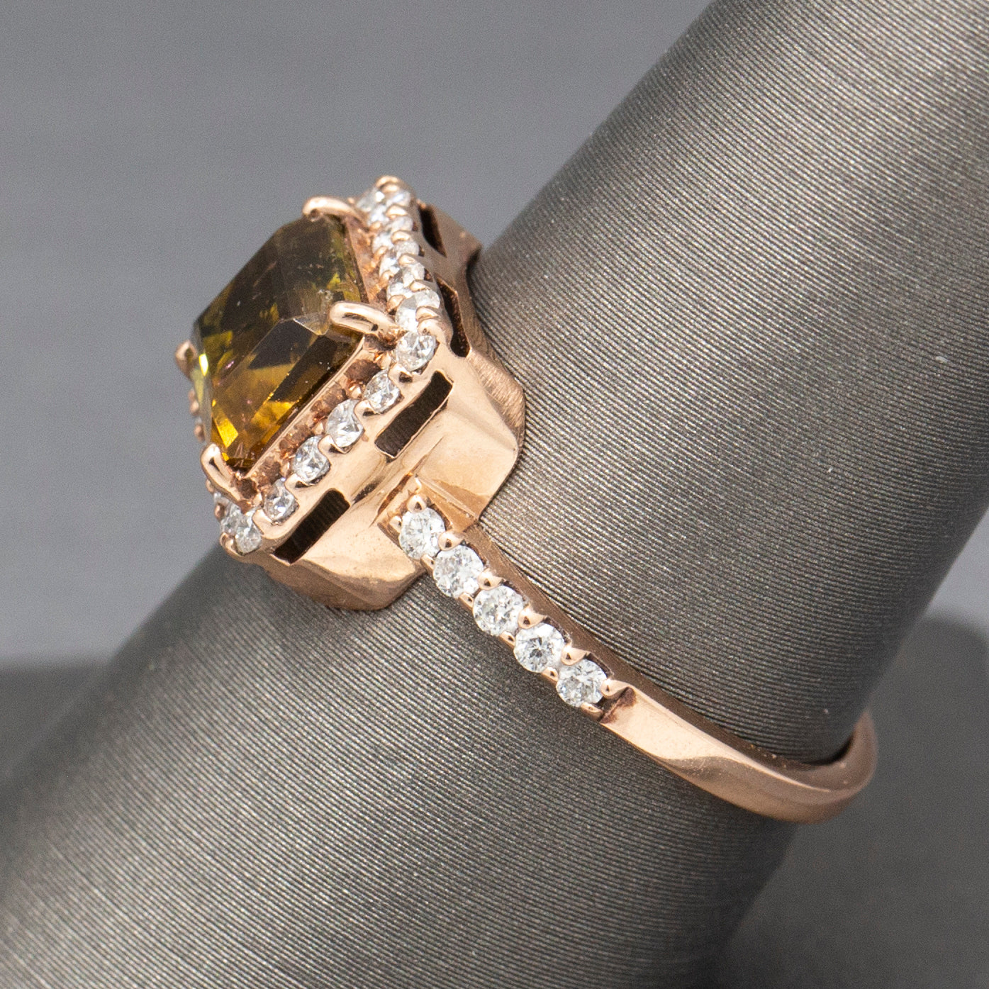 Luscious Watermelon Tourmaline and Diamond Halo Ring in 14k Rose Gold