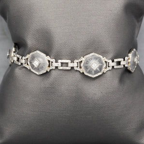 Romantic Art Deco Antique Camphor Glass and Diamond Engraved Bracelet in 14k White Gold